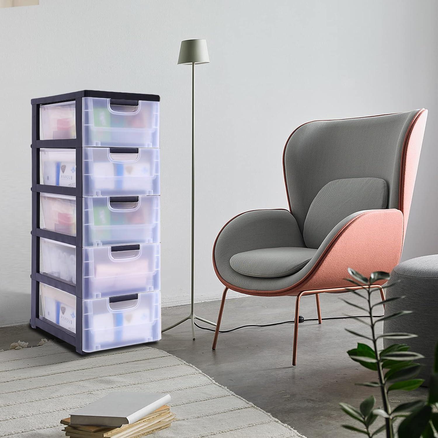 Peakora Plastic drawers dresser with 5 spacious drawers, transparent compartments, sturdy PP material, stackable design, easy to move with wheels, ideal for organizing clothes and accessories