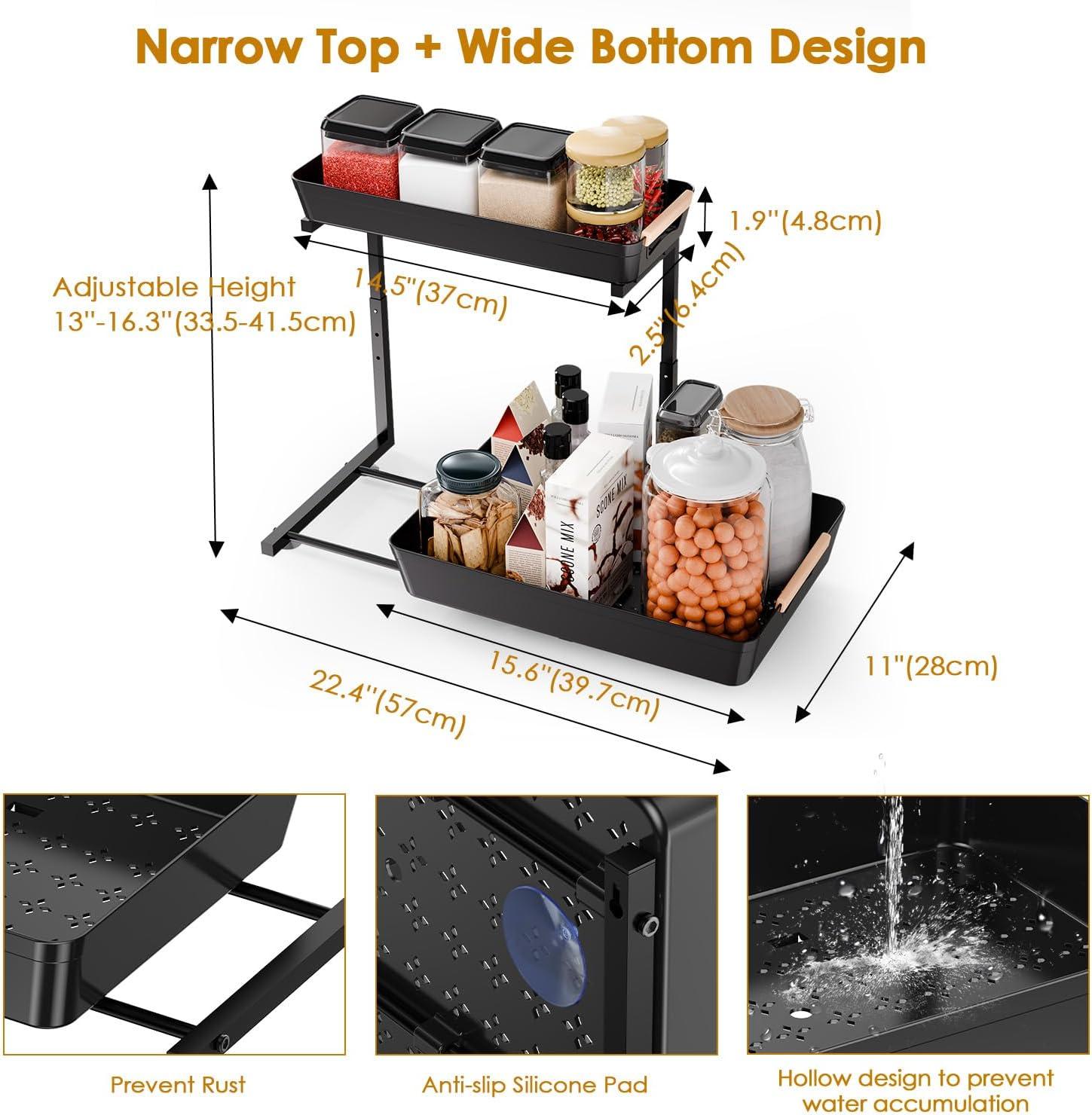 Rebrilliant Under Sink Organizer, 2 Tier Under Sink Organizers And Storage, Metal Slide Out Pull Out Cabinet Organizer ,2 Pack Sliding Drawer Organizer For Kitchen Bathroom Pantry