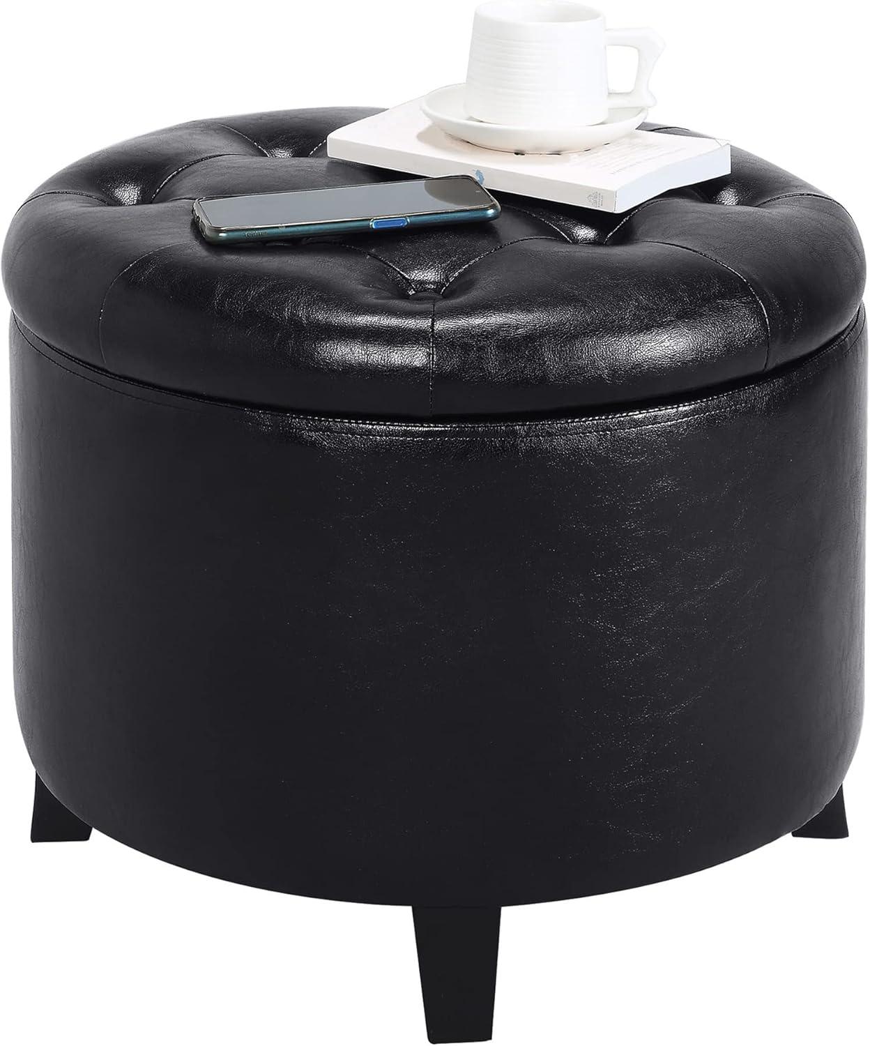 Elegant Traditional Black Faux Leather Round Storage Ottoman with Tufted Lid