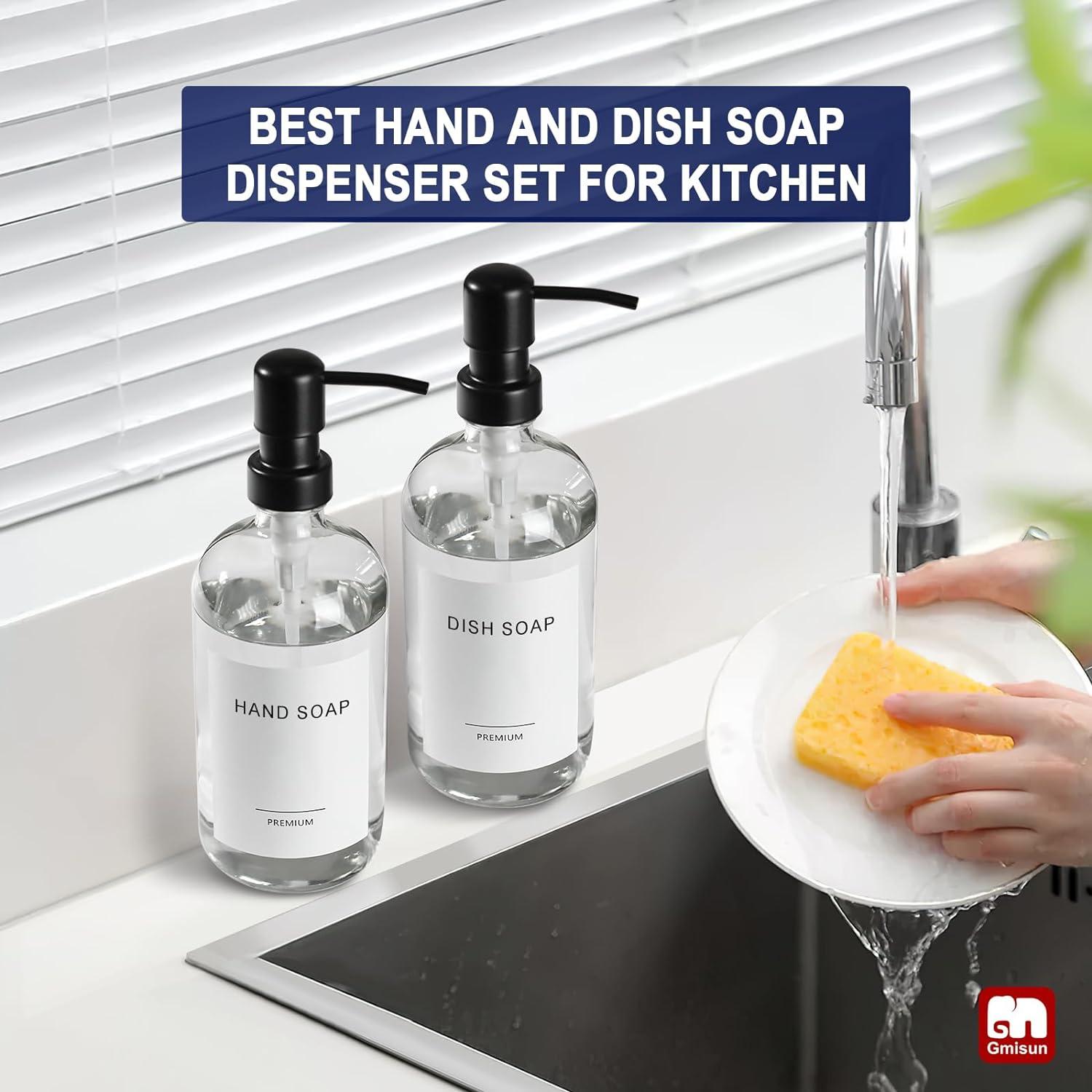 GM GMISUN Glass Soap Dispenser, Clear Hand and Dish Soap Dispenser Set with Labels - 2 Pack