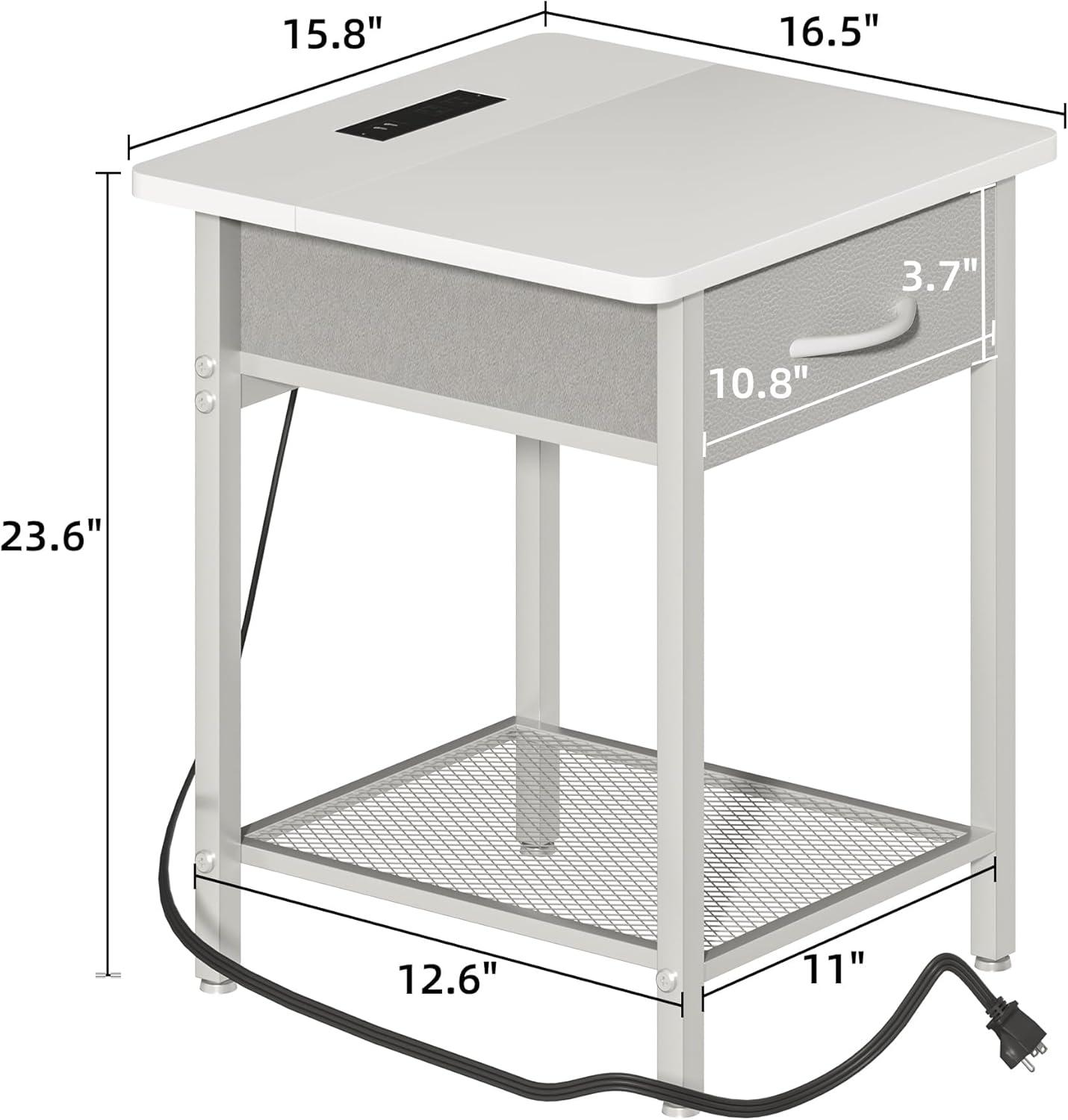 17 Stories Nightstands Set Of 2 With Charging Station And Fabric Storage Drawer,16.5" X 15.8" Side Table With Storage For Bedroom, Bedside Tables With Steel Fram