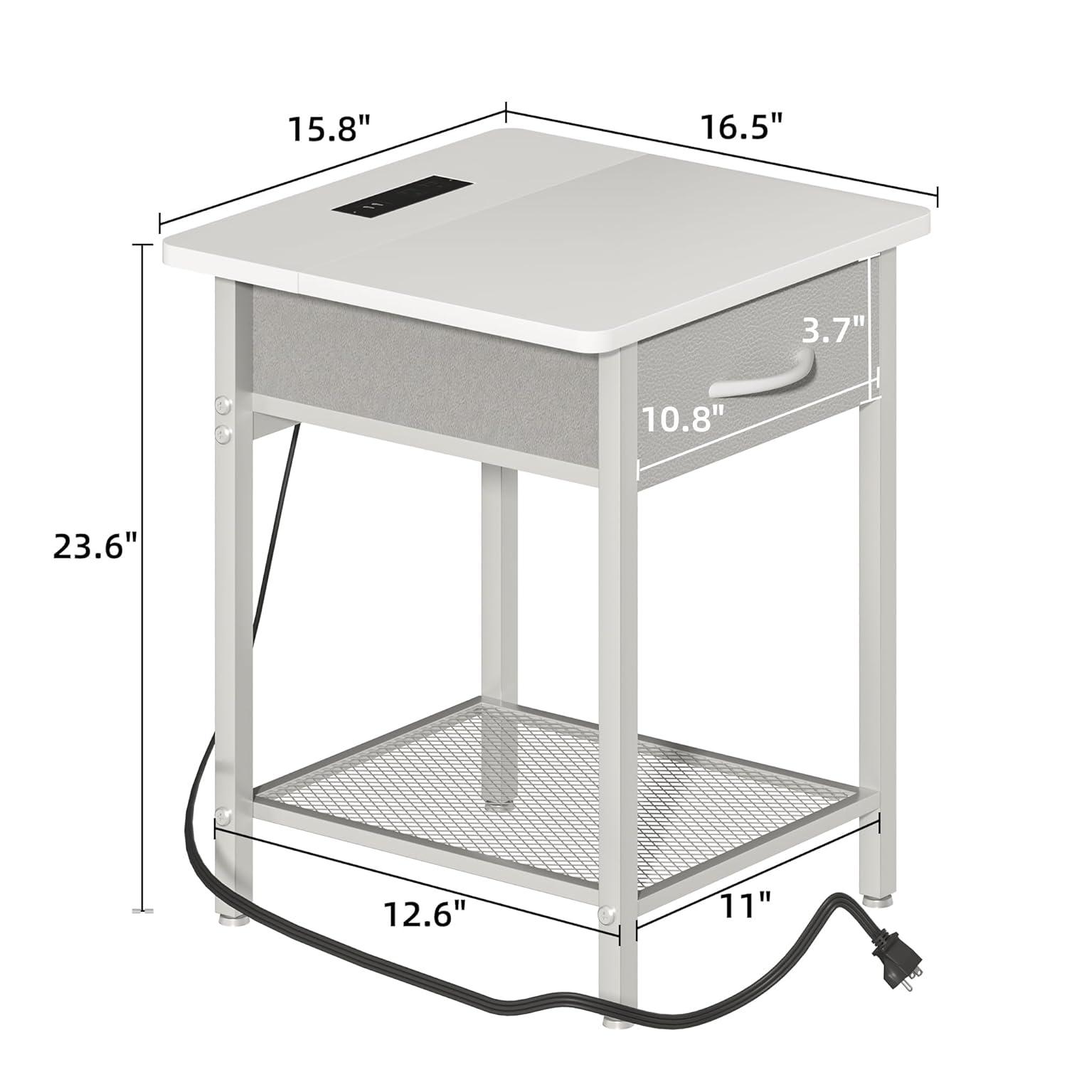 17 Stories Nightstands Set Of 2 With Charging Station And Fabric Storage Drawer,16.5" X 15.8" Side Table With Storage For Bedroom, Bedside Tables With Steel Fram