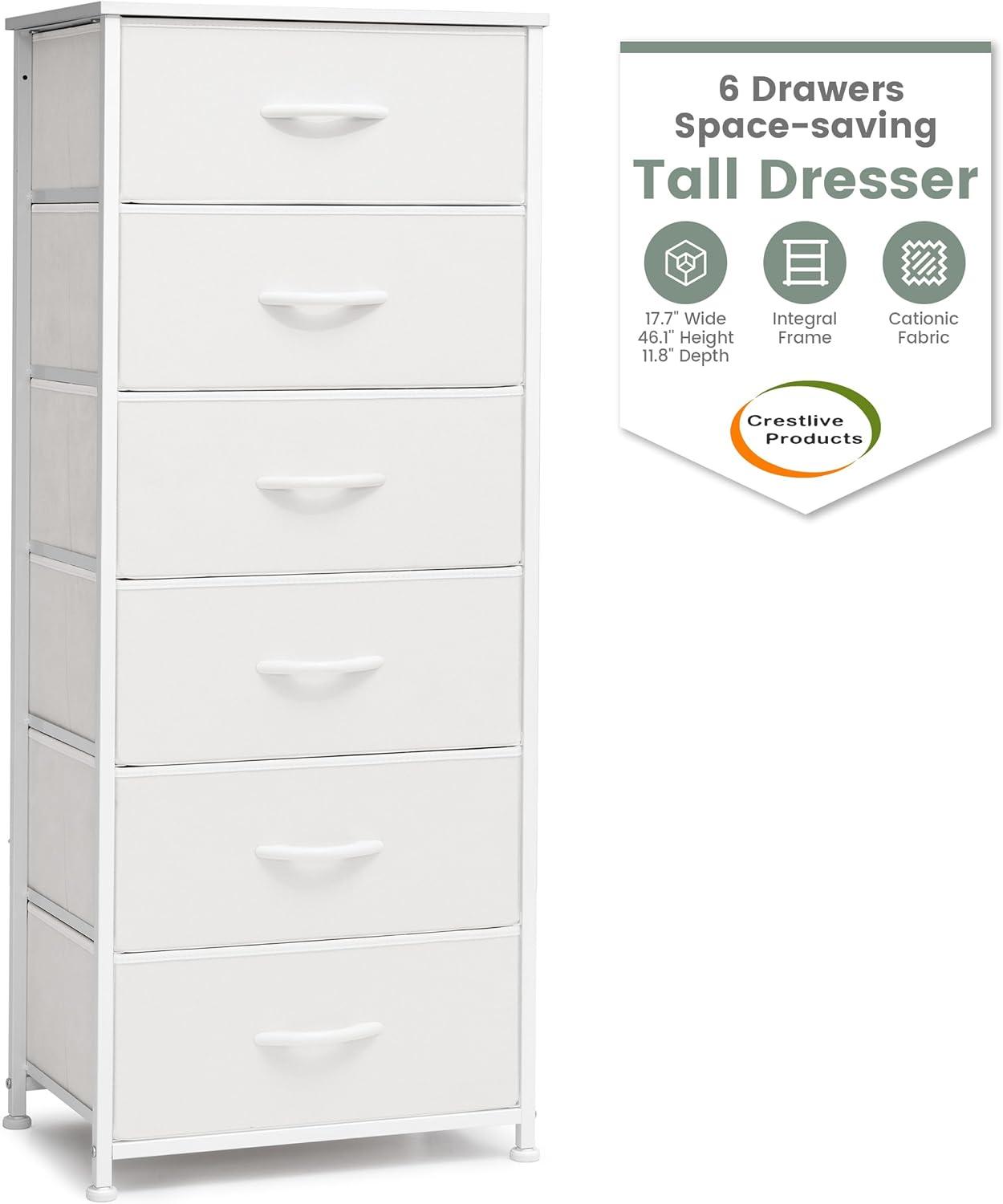 Crestlive Products 6 Drawers Vertical Dresser for Bedroom Storage Tower with Wood Top White