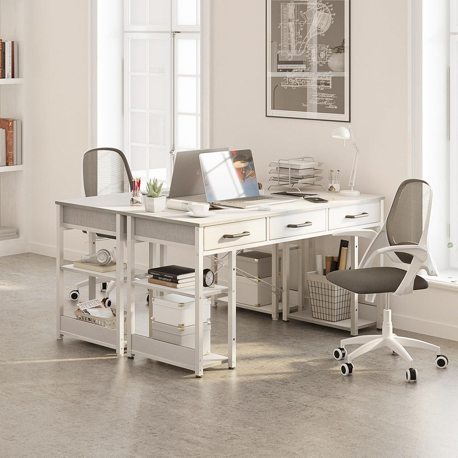 ODK Office Small Computer Desk: Home Table with Fabric Drawers & Storage Shelves, Modern Writing Desk, White, 48"x16"