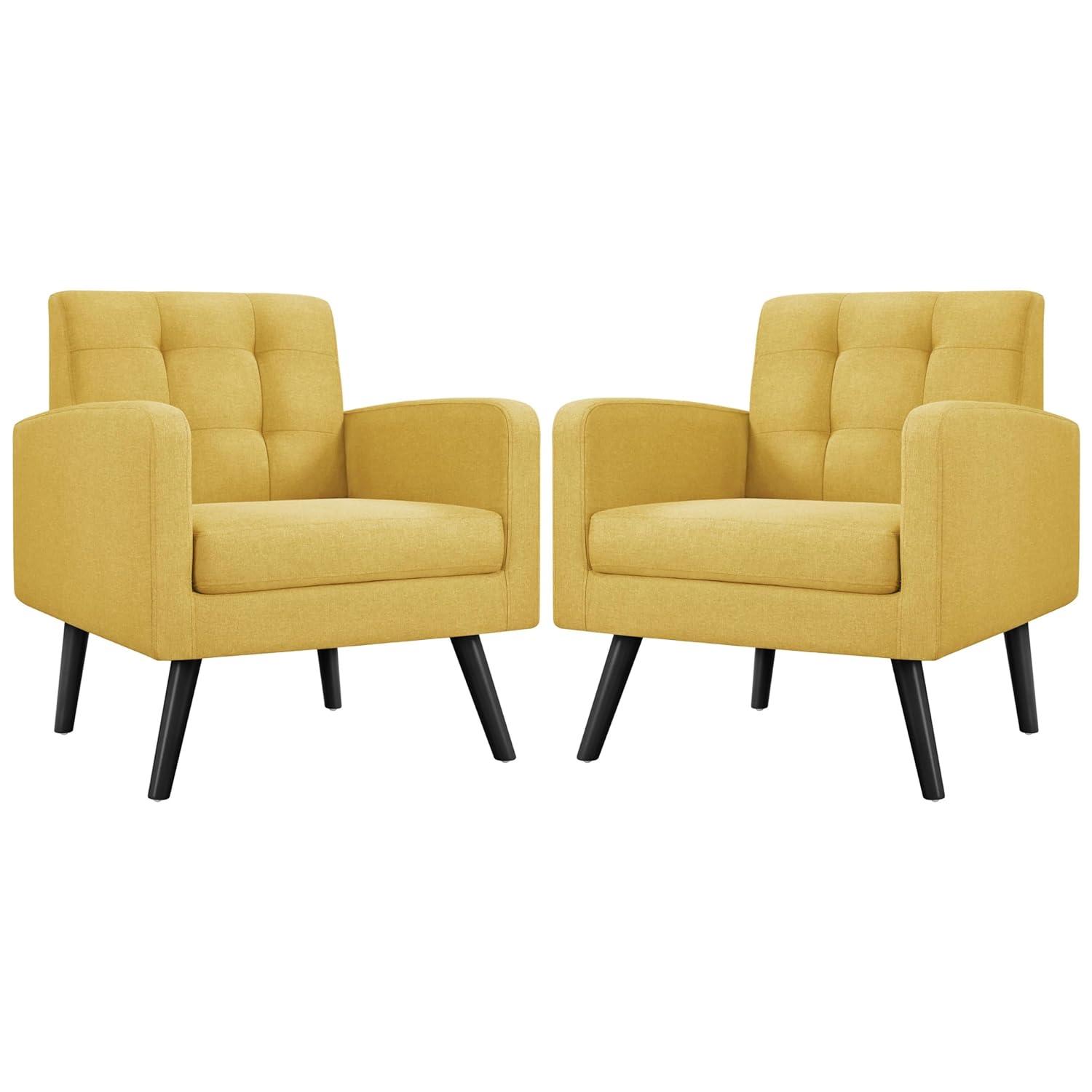 Yaheetech Set of 2 Mid Century Tufted Back Accent Arm Chair with Rubberwood Legs, Yellow