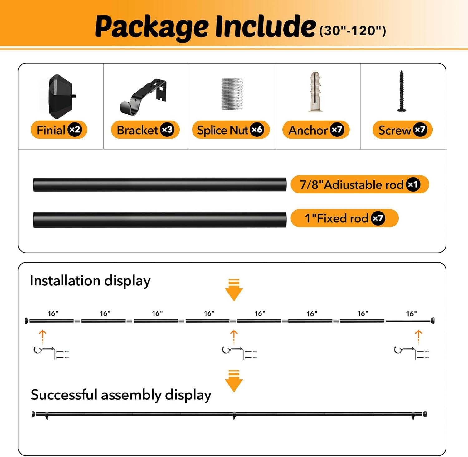 Curtain Rods for Windows 66 to 120, 1 Inch Adjustable Heavy Duty Curtain Rod, 30"-120"