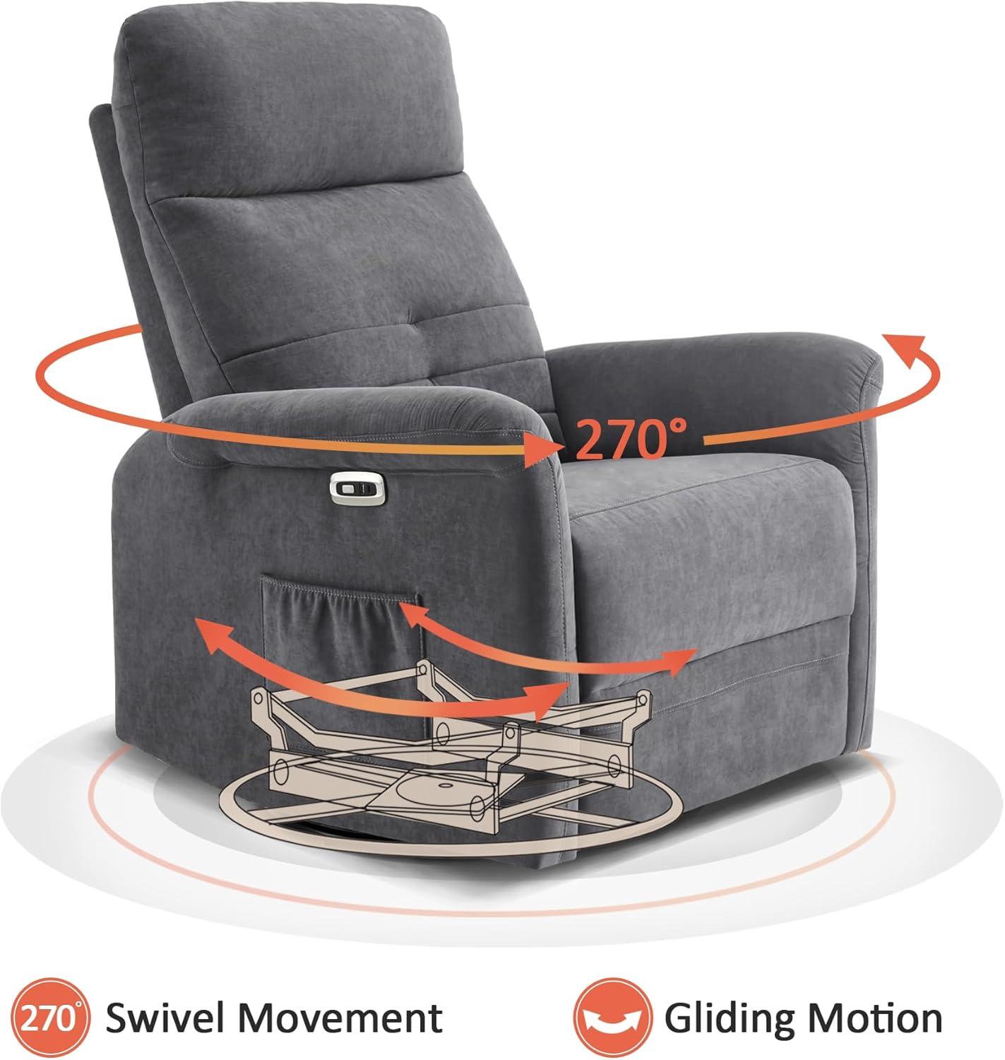 MCombo Fabric Power Recliner, Electric Swivel Glider Rocker Recliner Chair for Nursery with USB Ports, Side Pockets for Living Room, Small Space 7763