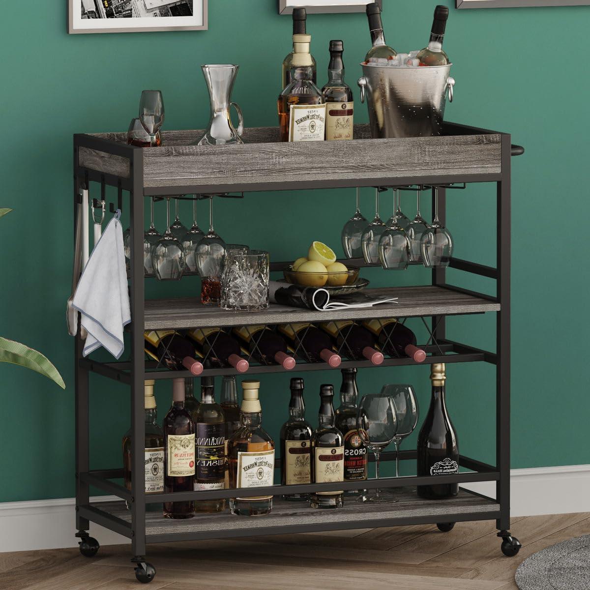 Gray Oak 3-Tier Bar Cart with Wine Rack and Glass Holder