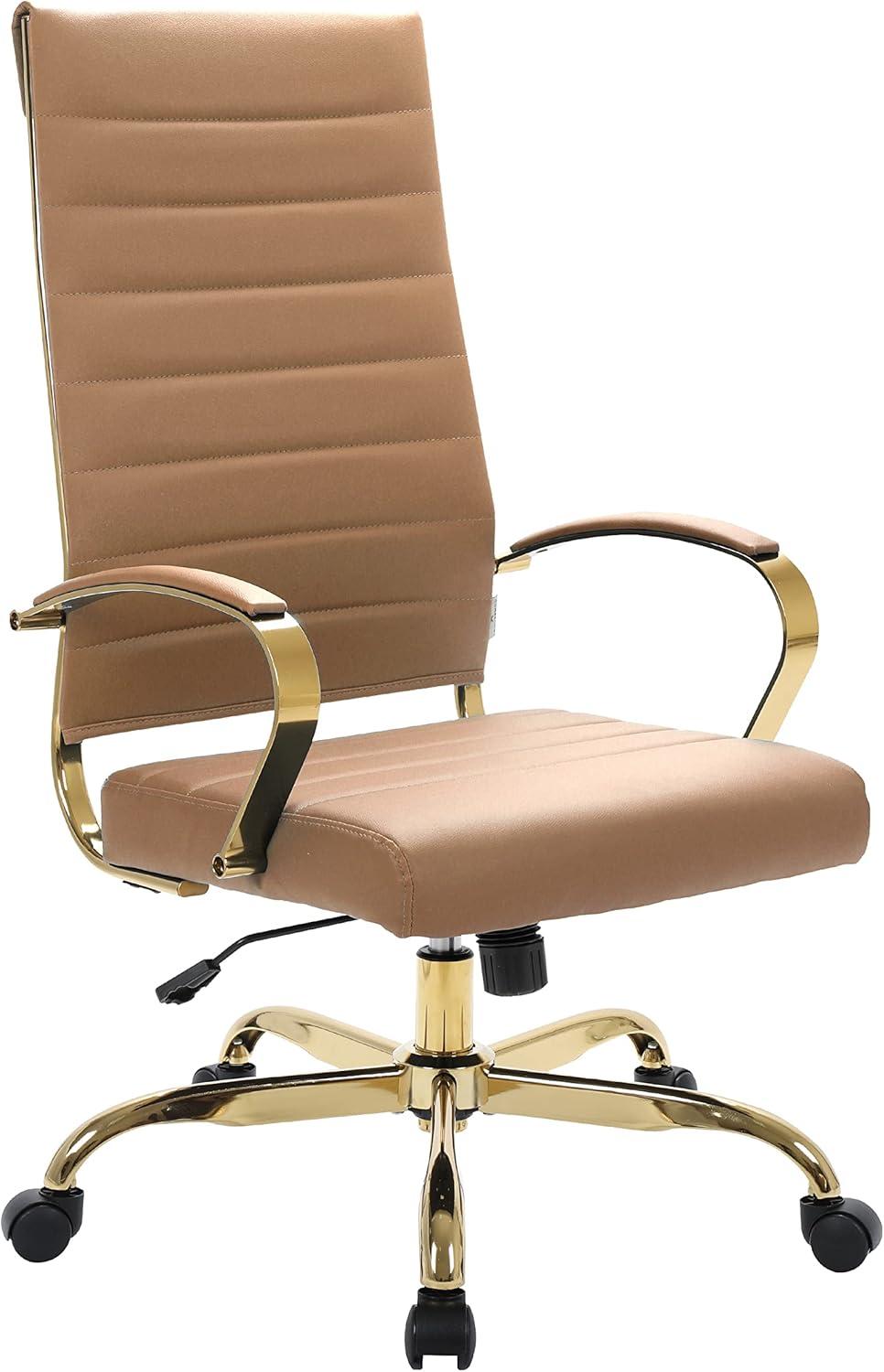 Mid-Century Modern High-Back Swivel Office Chair in Polished Brown Leather