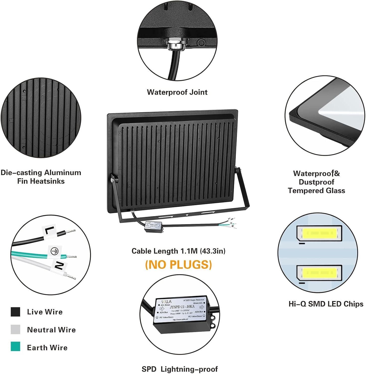SOLLA 400W LED Stadium Flood Light Outdoor, 2140W Equivalent, 32000LM Super Bright Outdoor Security Lights, IP66 Waterproof, 6000K Daylight White, Commercial Lighting for Sports Fields and Counts