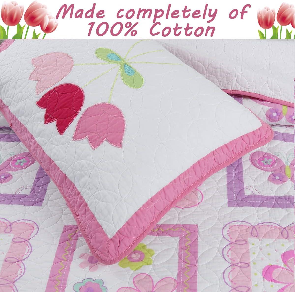 Pink and White Cotton Butterfly Floral Twin Quilt Set