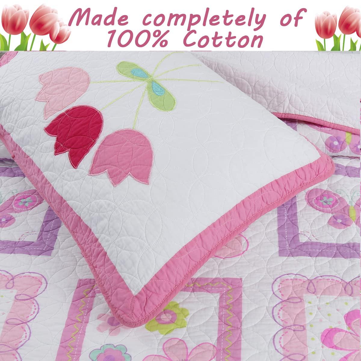 Pink and White Cotton Butterfly Floral Twin Quilt Set