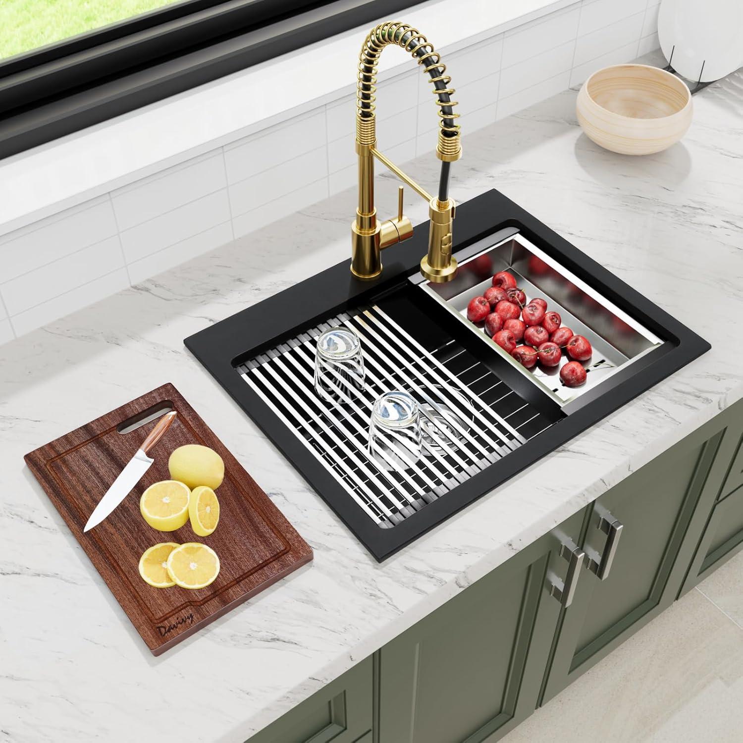 Davivy 33 Inch Black Granite Composite Kitchen Sink Workstation, 33 X 22 Quartz Composite Dual Mount Sink, Matte Black Composite Single Bowl Sink