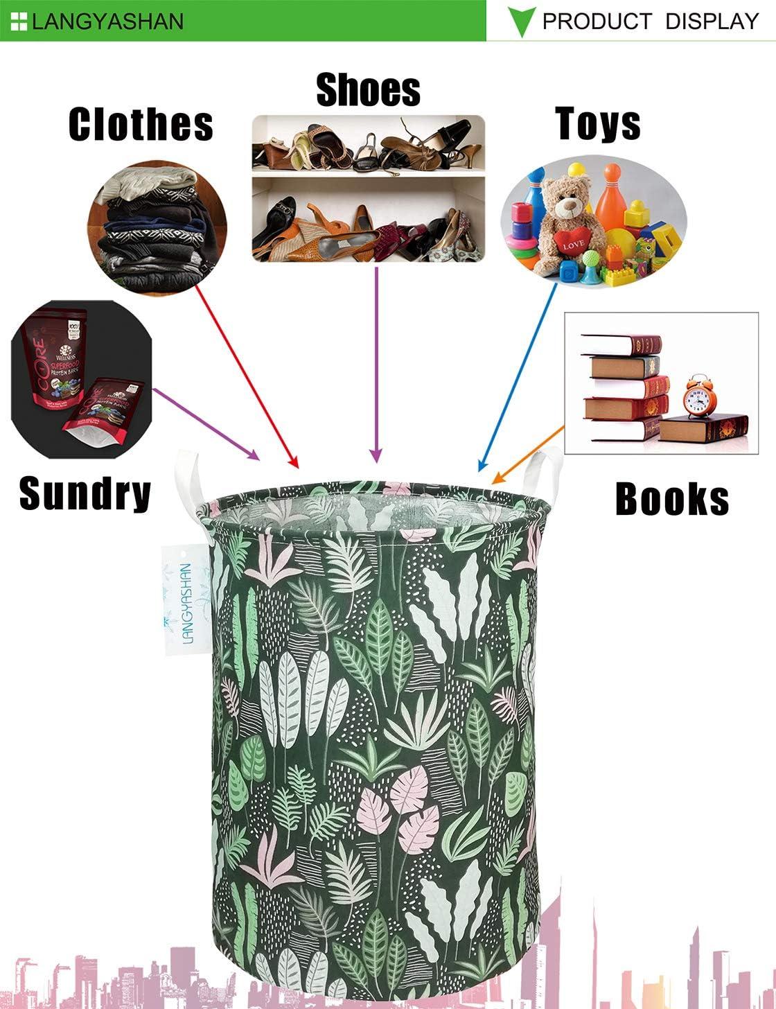 LANGYASHAN Laundry Basket Canvas Fabric Collapsible Organizer Basket for Storage Bin Toy Bins Gift Baskets Bedroom Clothes Children Nursery Hamper (Round Leaf)