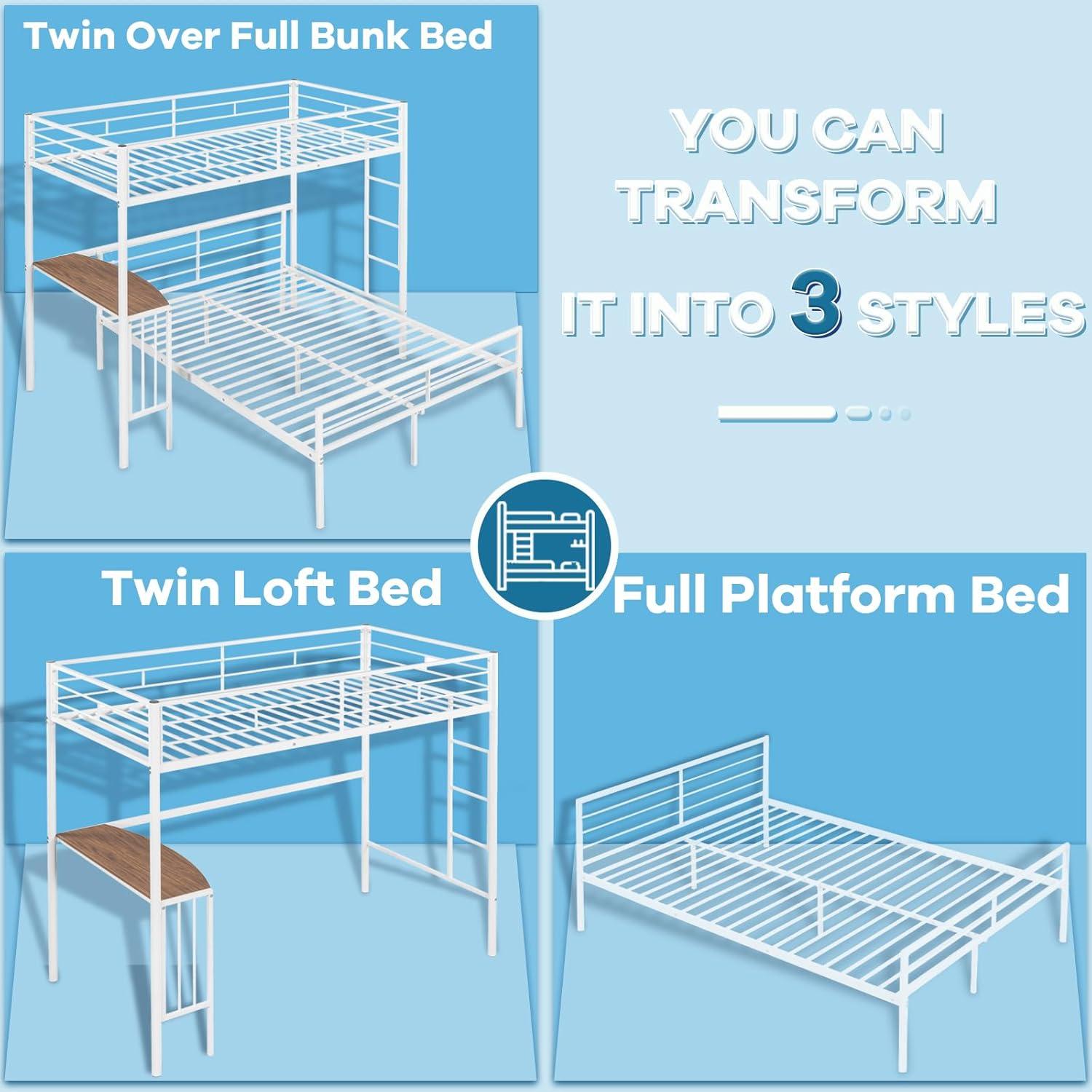 White Metal Twin Over Full Bunk Bed with Desk and Storage