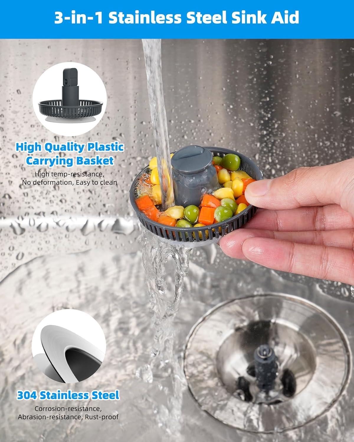 Hibbent 3-in-1 Kitchen Sink Drain Strainer  Stopper , Stainless Steel Pop-Up Design, Anti-Clogging Metal Basket with Handle, Compatible with US Standard 3-1/2" Drain