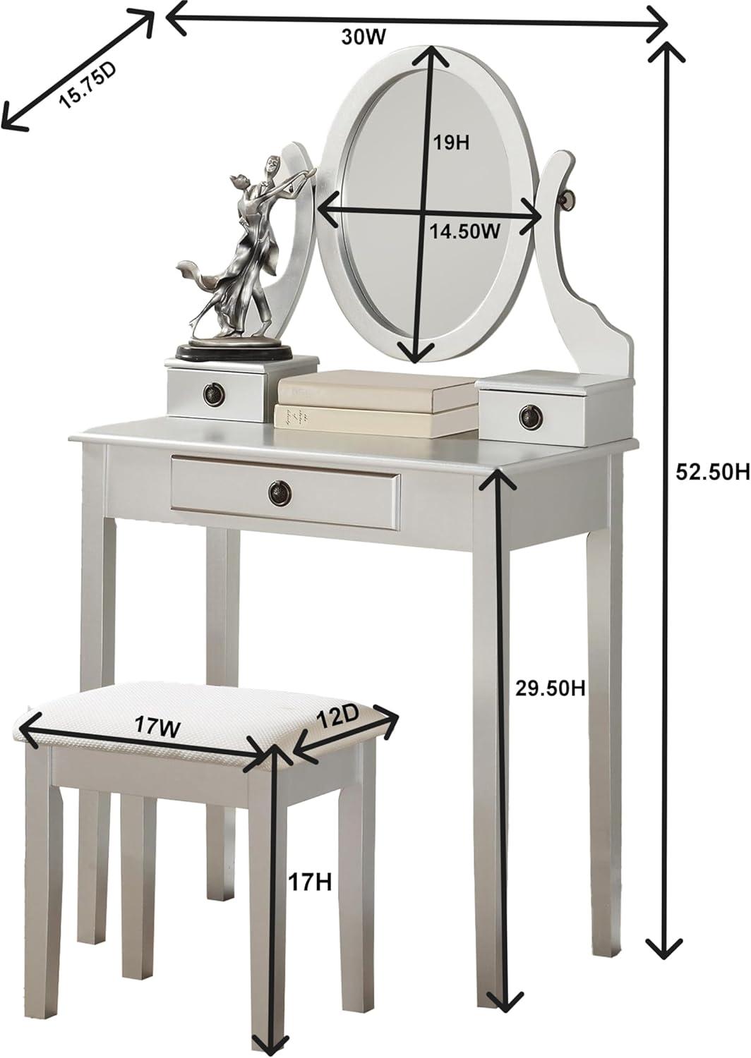 Roundhill Furniture Moniya Wood Makeup Vanity Table and Stool Set, Silver