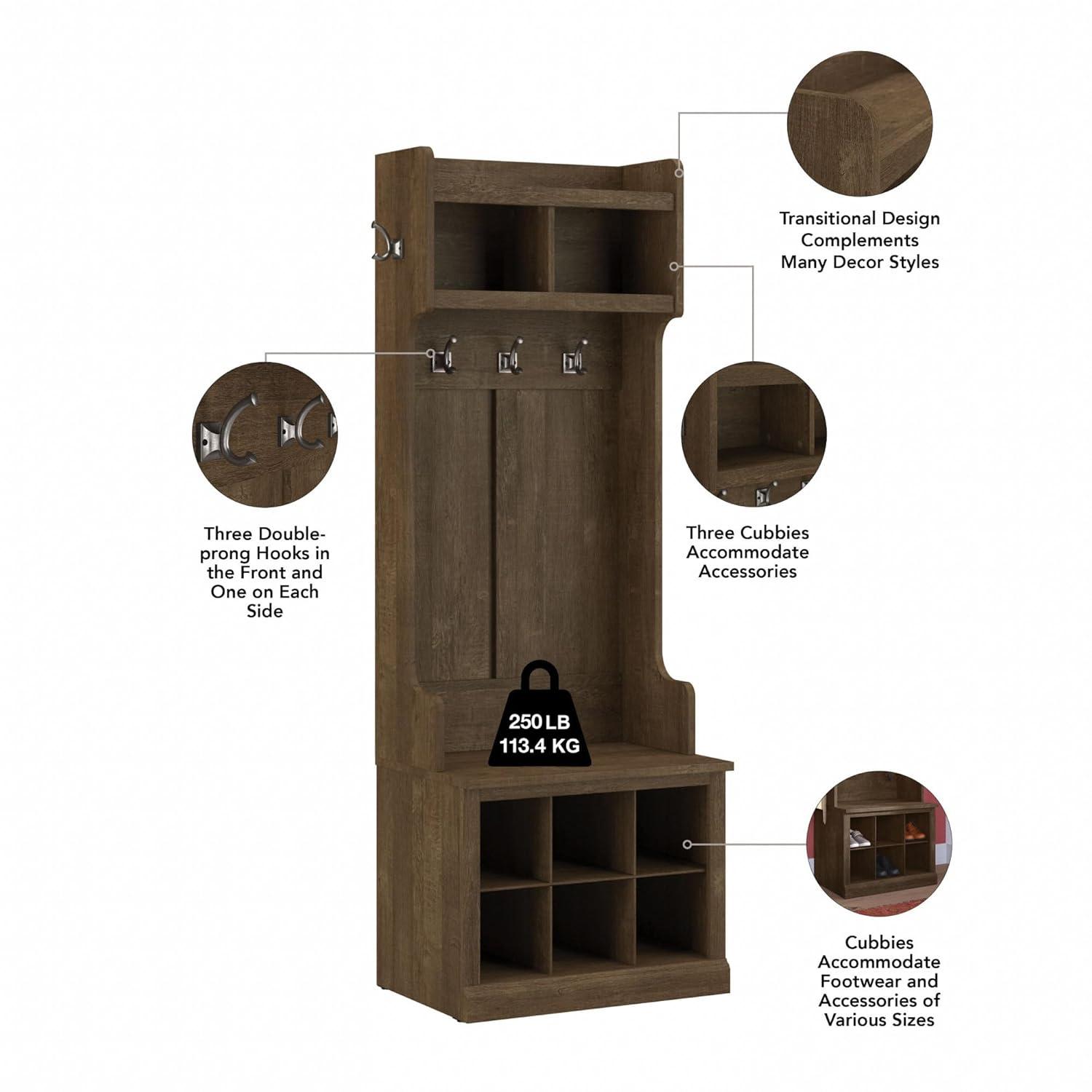 Woodland 24W Hall Tree & Shoe Bench w/ Shelves in Ash Brown - Engineered Wood