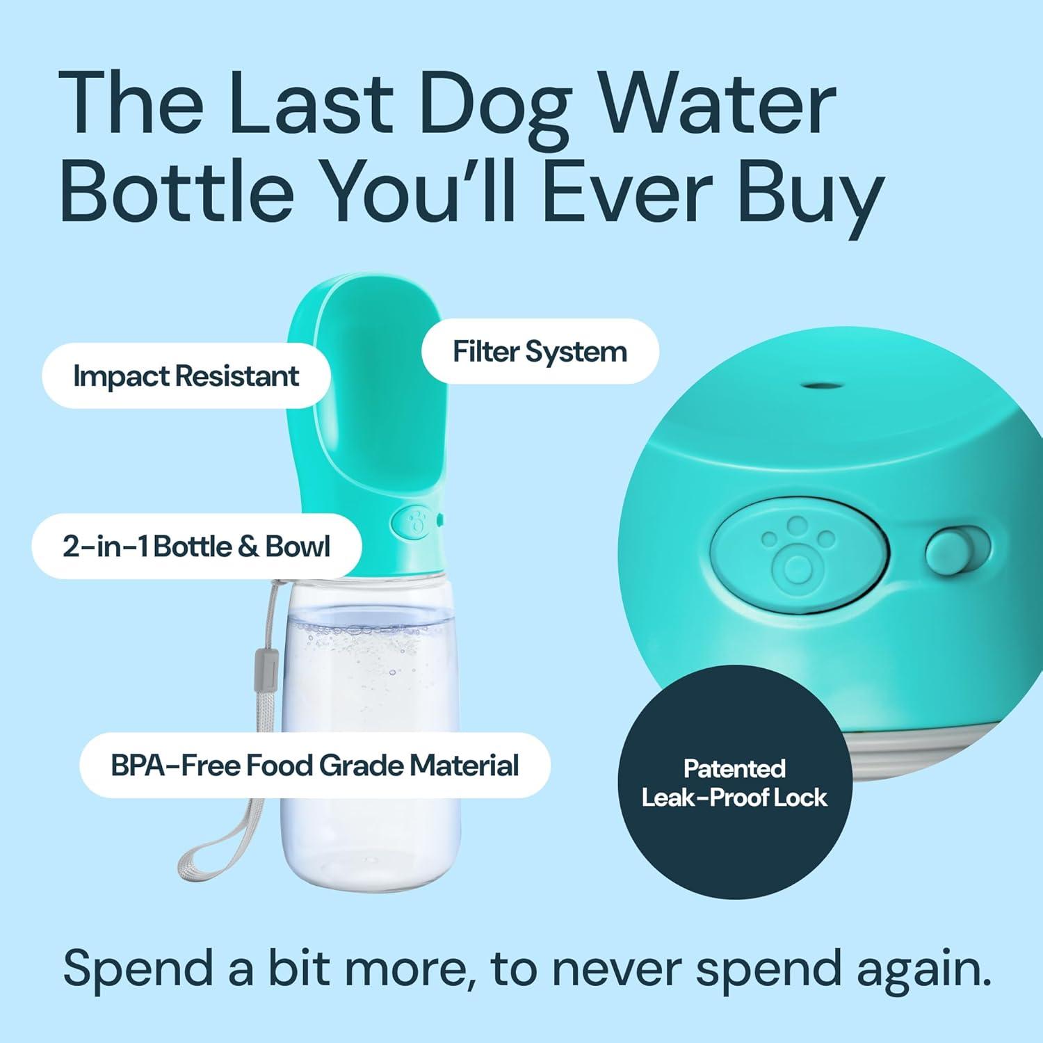 MalsiPree Leak Proof Portable Dog Travel Bottle with Bowl - 19 oz, Blue - Portable Dog Water Bowl Dispenser - Food Grade Plastic - Pet Water Bottle