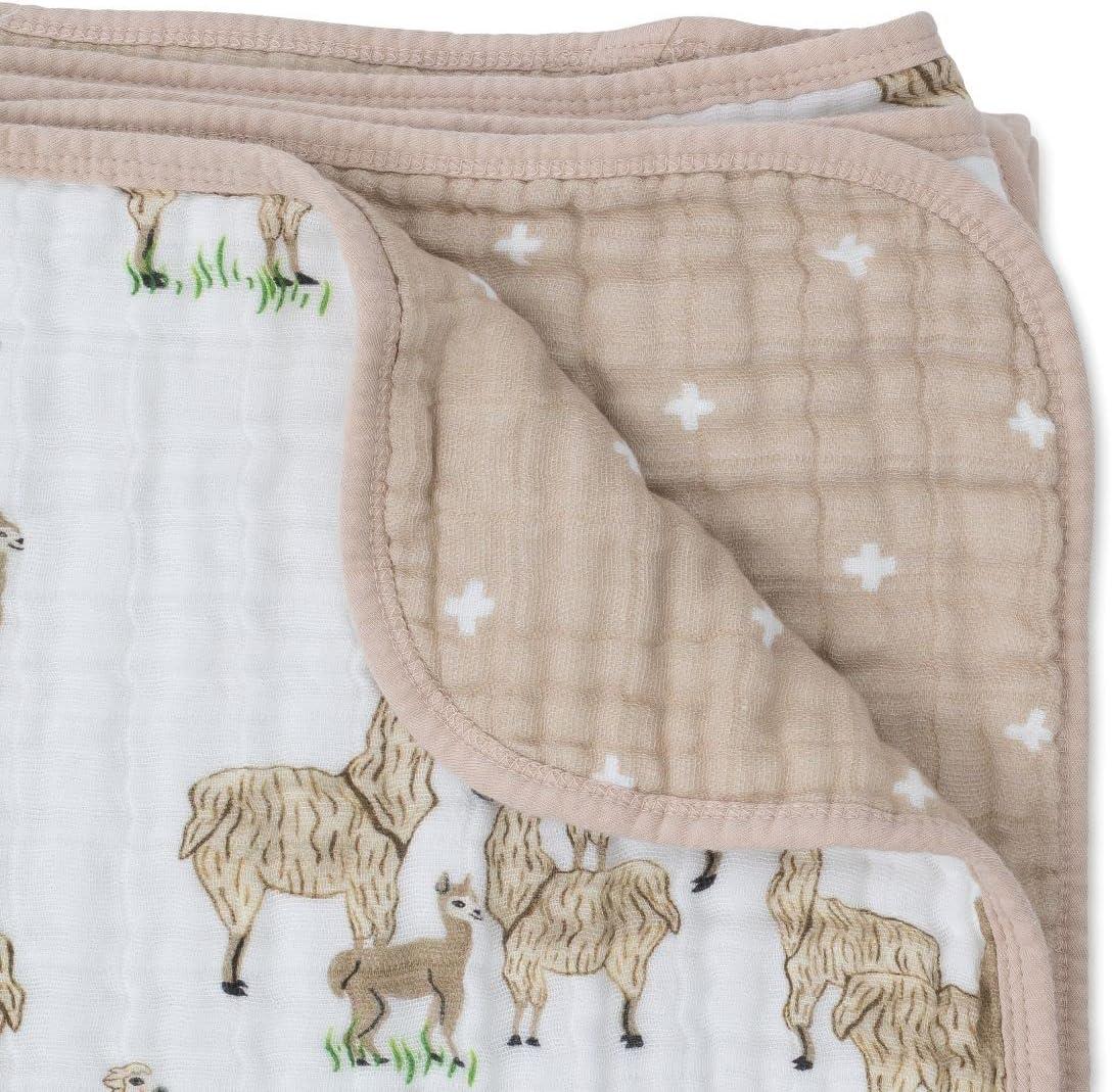 White Cotton Muslin Baby Quilt with Llama Print