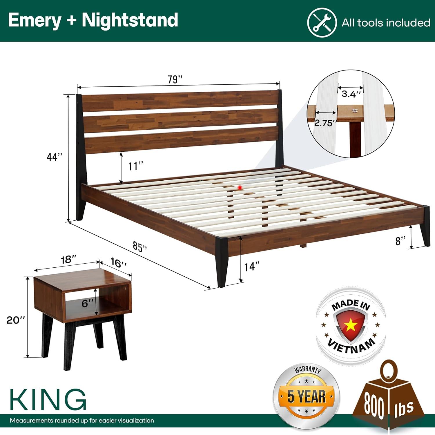 Acacia Emery 2-Pcs Bedroom Set – Solid Wood Platform Bed Frame & Matching Nightstand, Mid-Century Modern Farmhouse, 800 lbs Capacity, No Box Spring Needed
