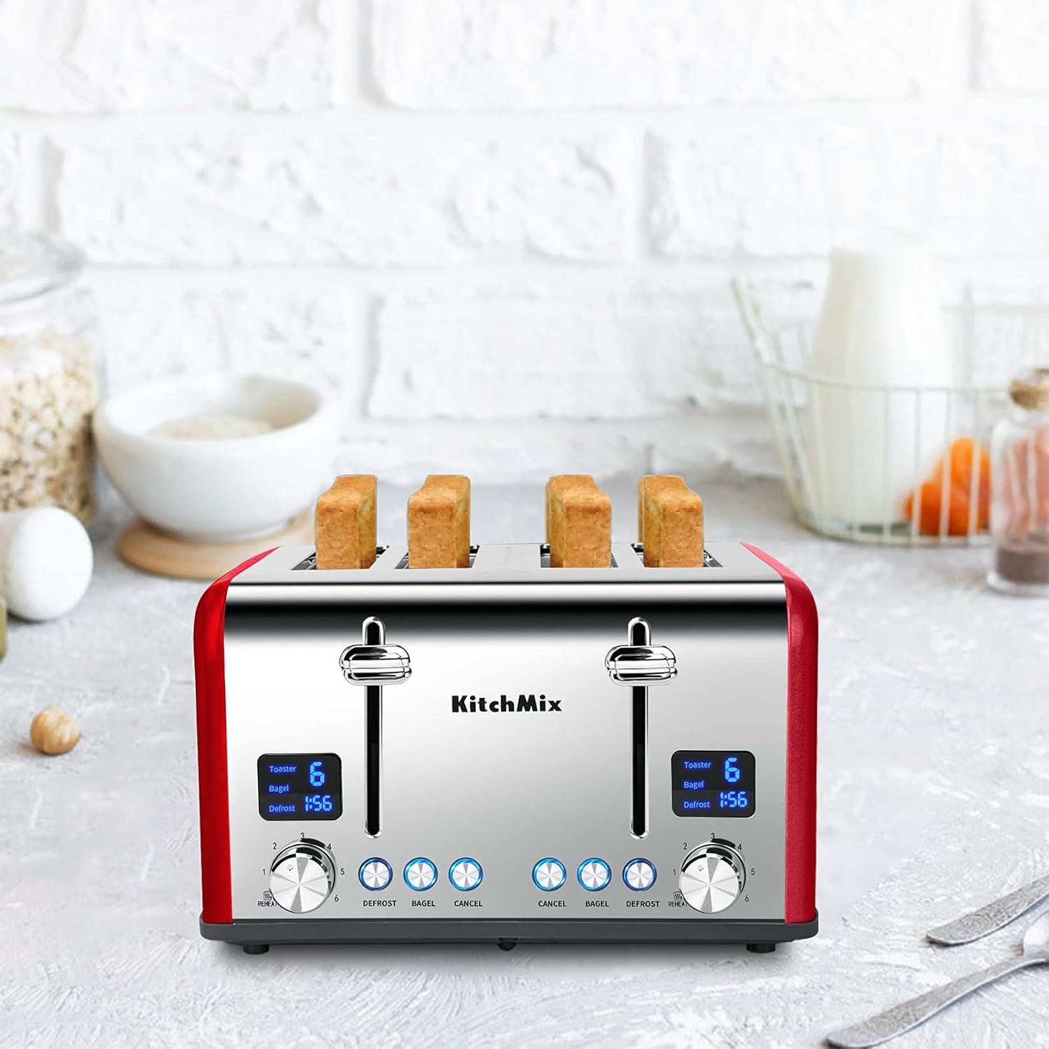 Toaster 4 Slice, KitchMix Bagel Stainless Toaster with LCD Timer, Extra Wide Slots, Dual Screen, Removal Crumb Tray (Red)