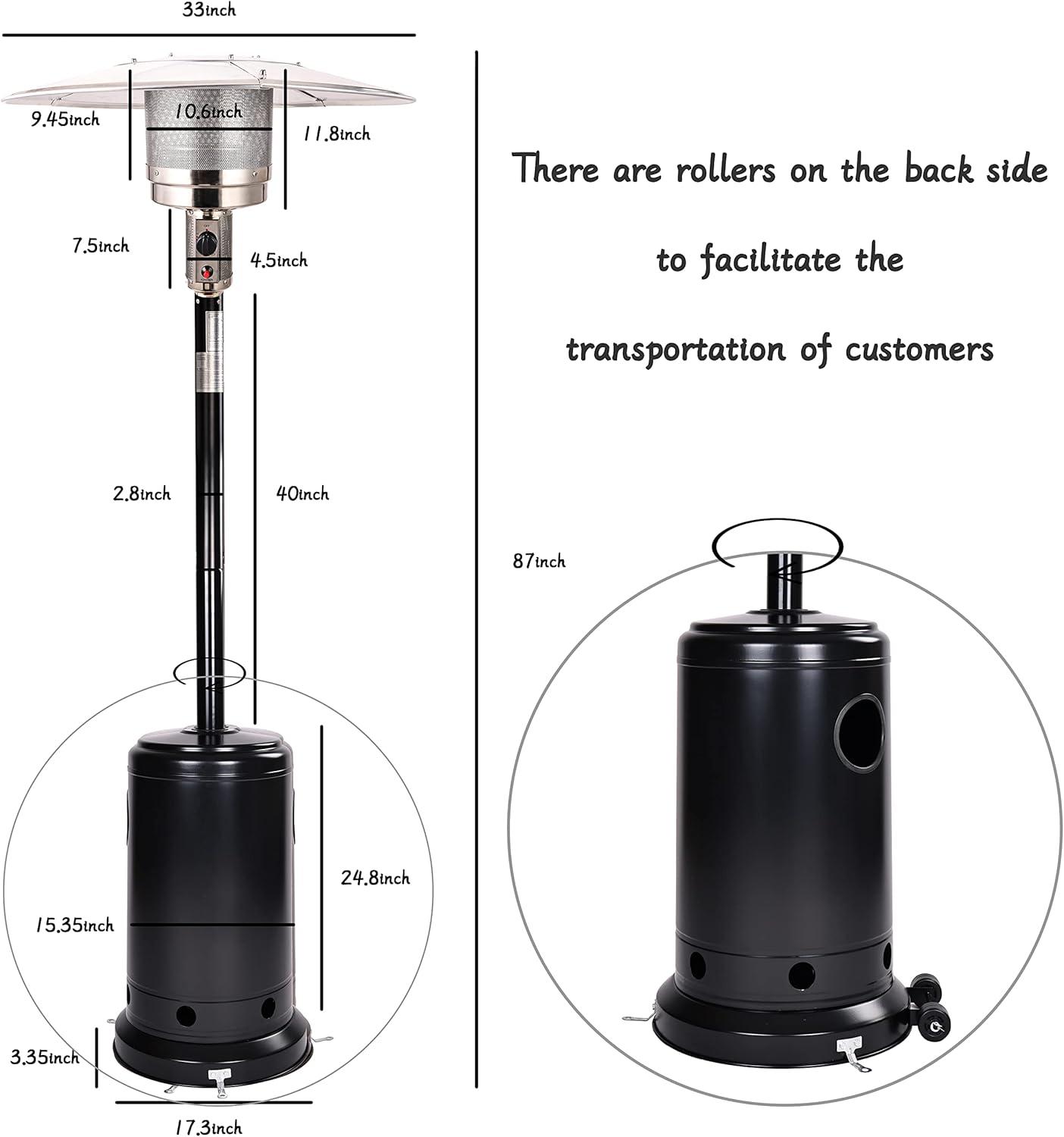 Black Propane Outdoor Patio Heater with Wheels and Safety Shut Off