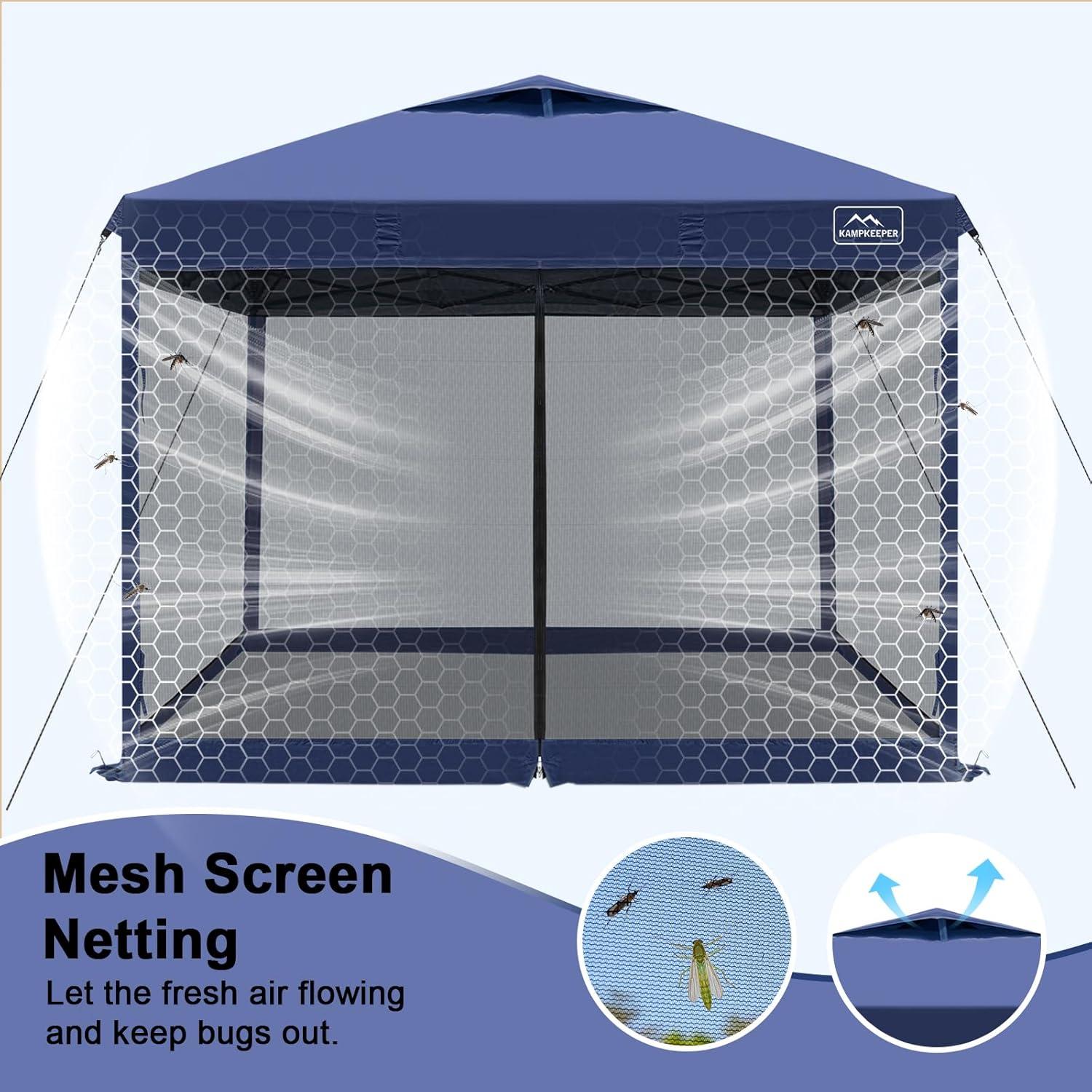 KAMPKEEPER 10x10 Pop Up Canopy Tent with Mosquito Netting - Waterproof Screen Shelter for Sun Shade, Camping, Beach and Outdoor Events, Navy Blue