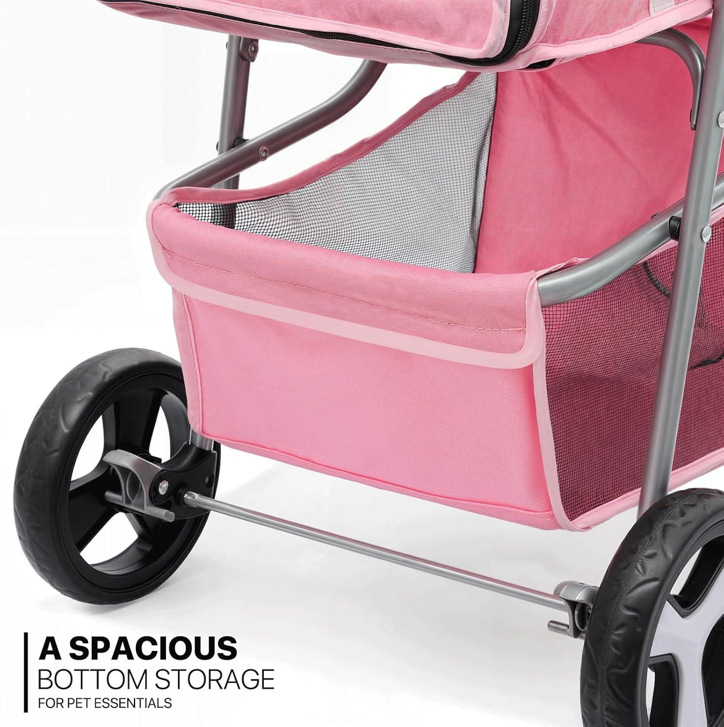 3 Wheel Folding Pet Stroller, Foldable Dog Jogger Stroller with Storage Basket, Cup Holder & Canopy