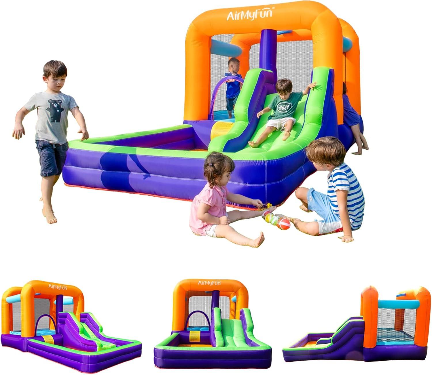 AirMyFun Bounce House for Kids, Inflatable Bounce House with Slide, Jumping Bouncy Area with Air Blower, Suitable for Playing Outdoor and Indoors, Continuous Blower Included