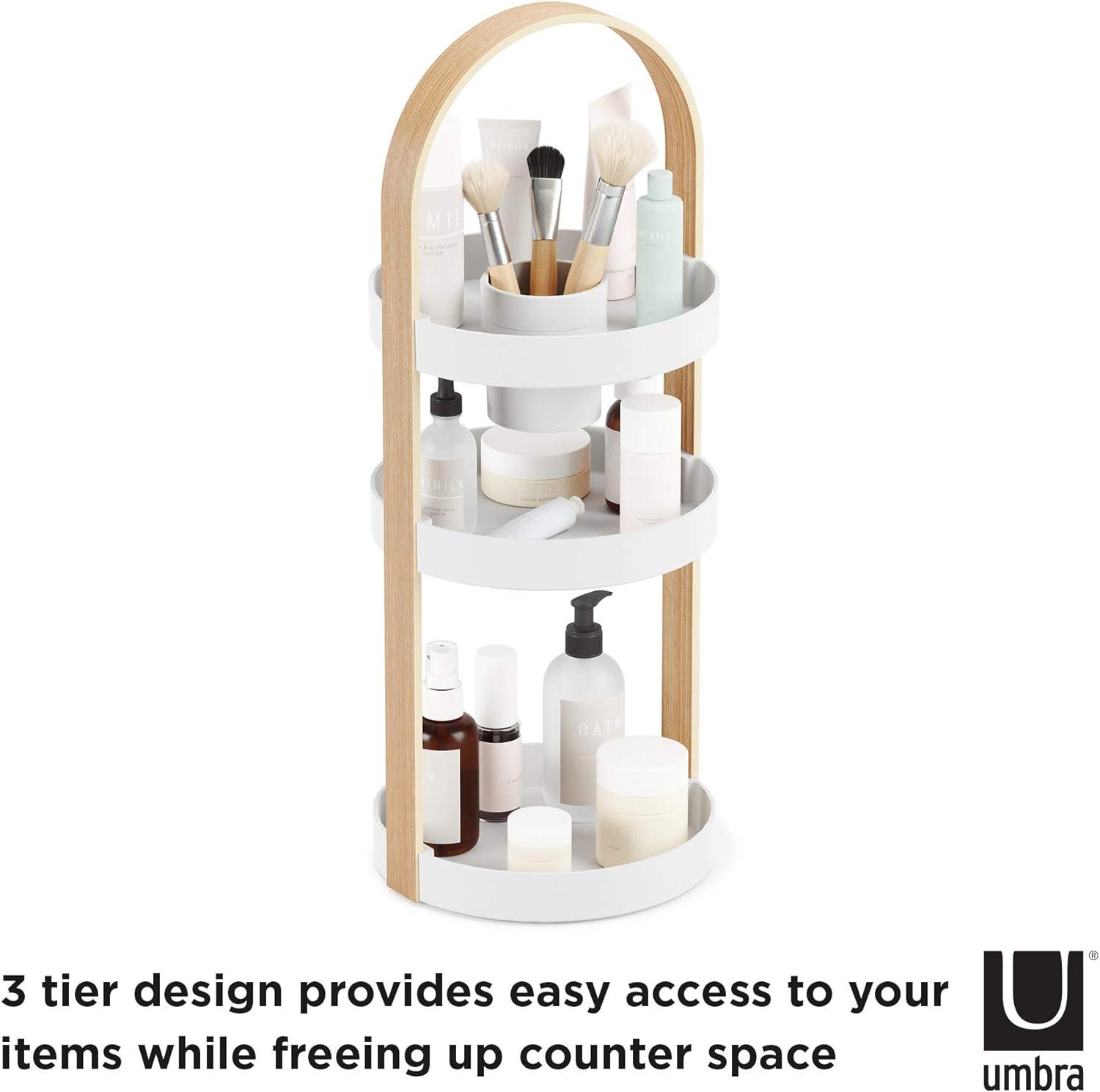 White and Natural 3-Tier Wooden Cosmetic Organizer