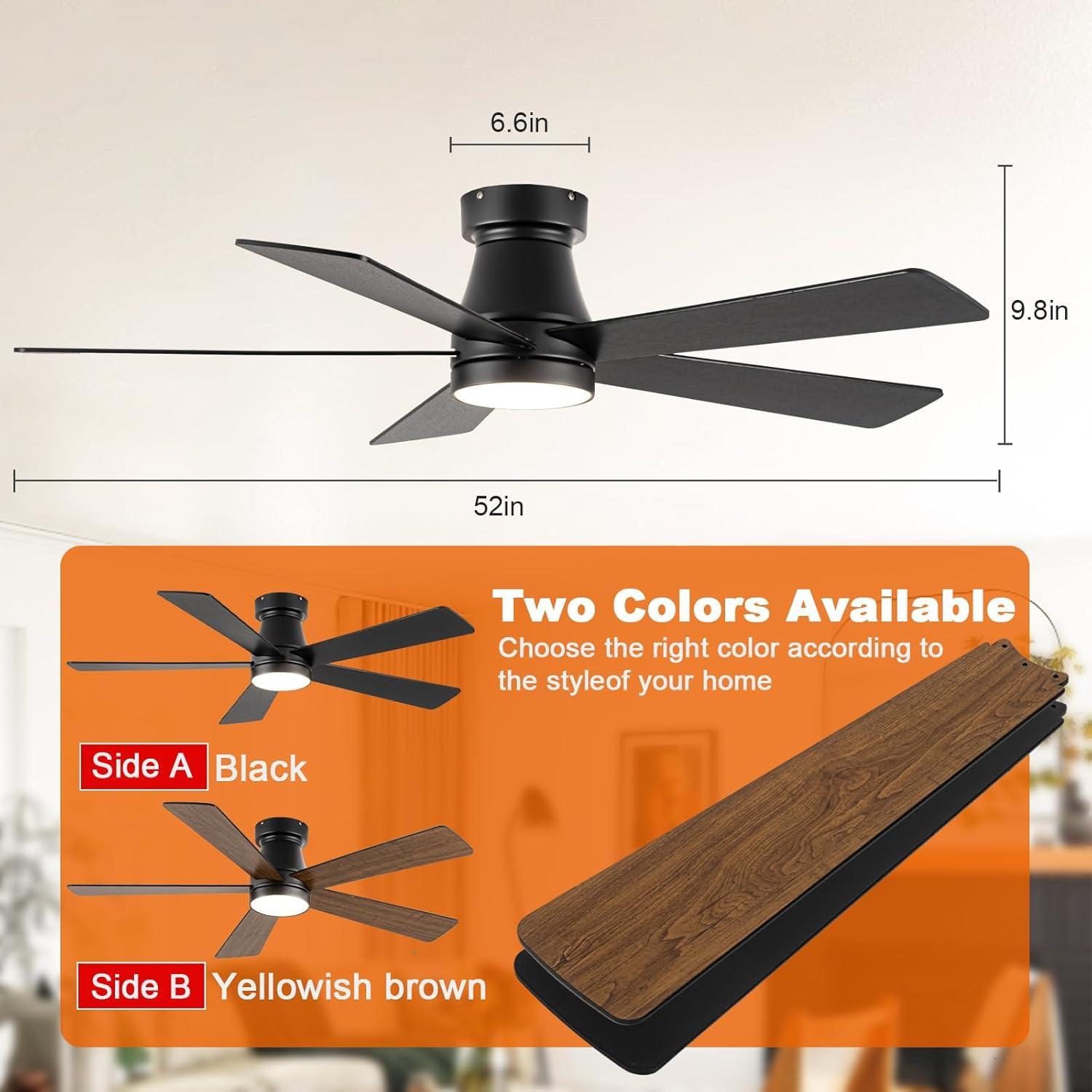 Low Profile 52" 5-Blades Indoor Flush Mount Ceiling Fan with Reversible DC Motor and Remote Control