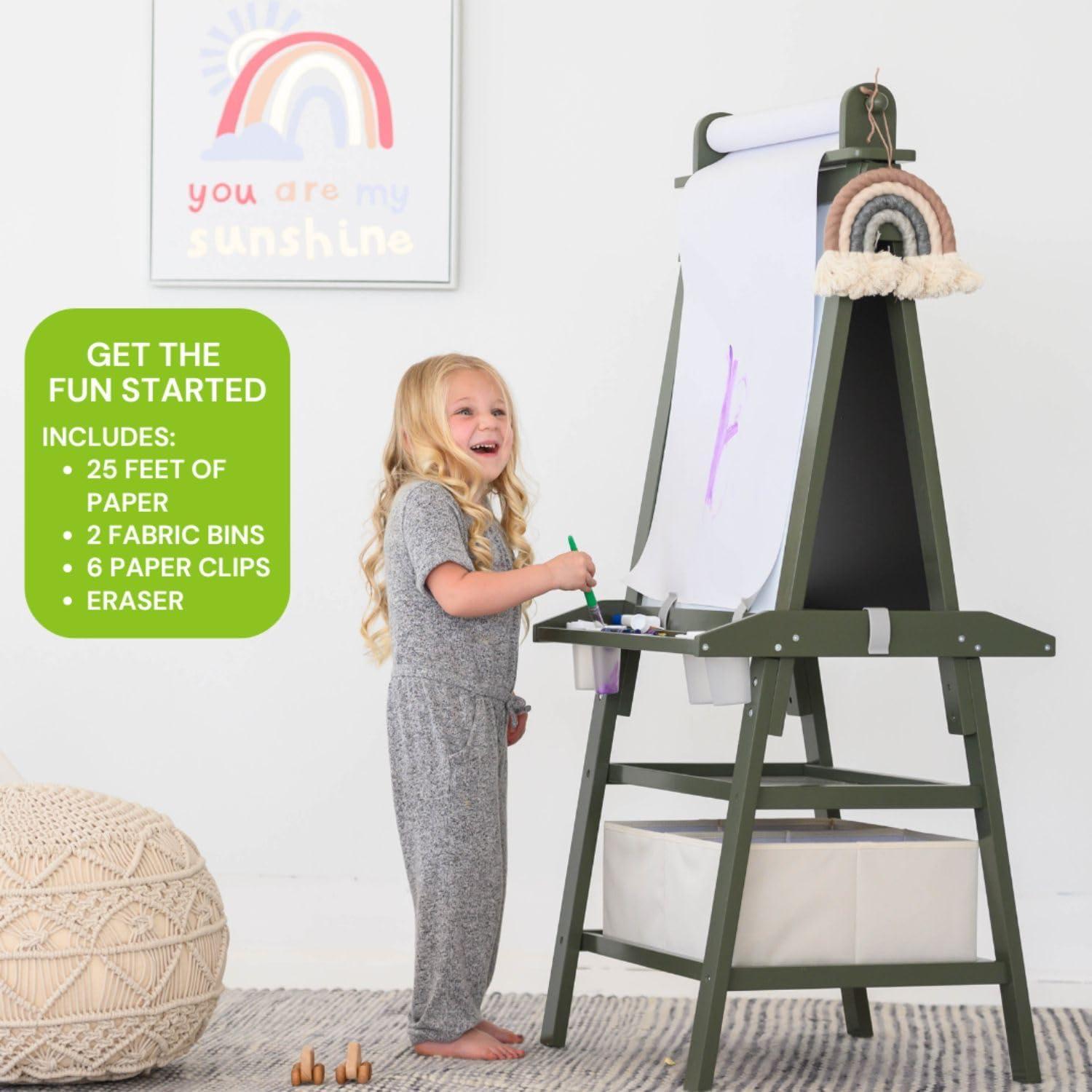 Olive Green Dual-Sided Magnetic Art Easel with Storage Bins