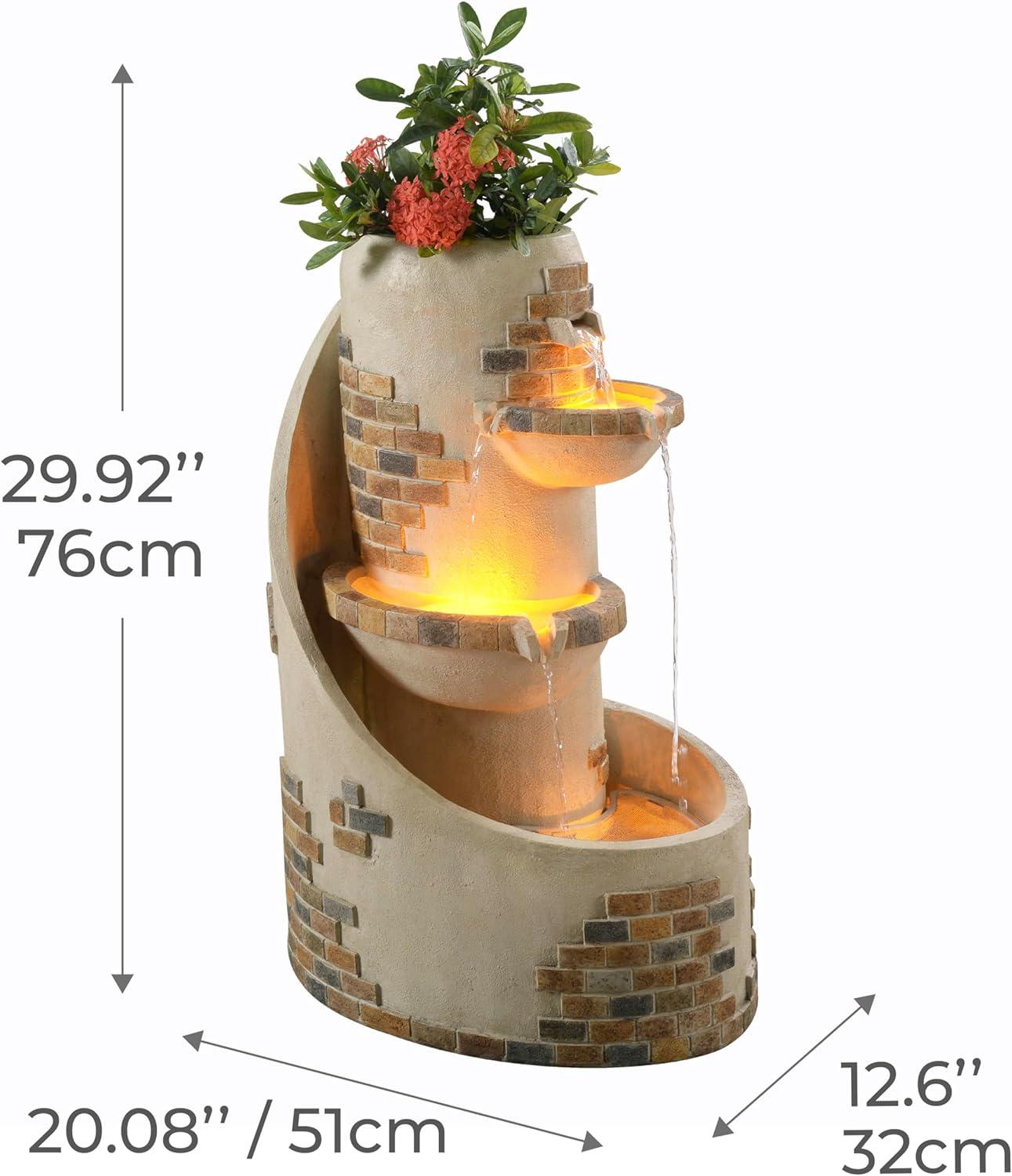 Teamson Home 29.92" 3-Tier Cascading Outdoor LED Lit  Polyresin Planter Waterfall Fountain