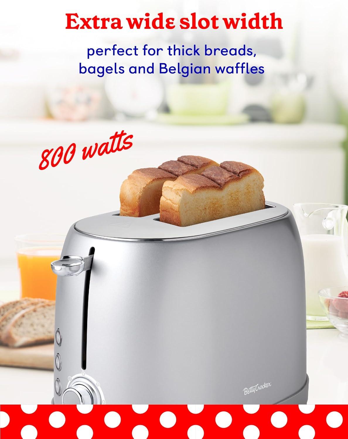 Betty Crocker 2-slice Multi-function Toaster, Toaster 2 Slice With Extra Wide Slots For Thick Bread, Bagel & Waffle, Toast Shade Control Dial, Slide Out Crumb Tray