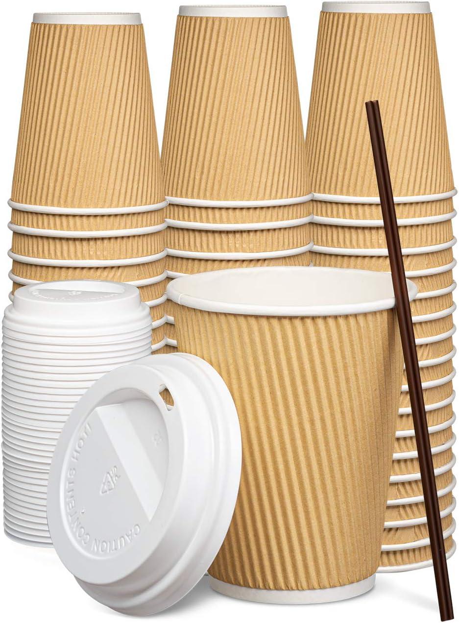 12 oz Beige Ripple Paper Hot Cups with Lids, 100 Count