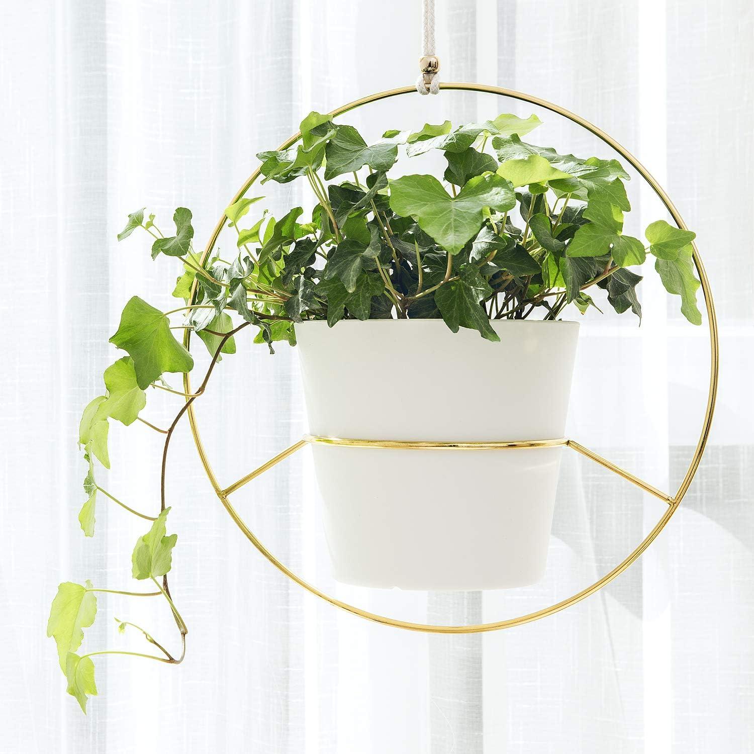 Gold Metal Hanging Planter Set with White Plastic Pots