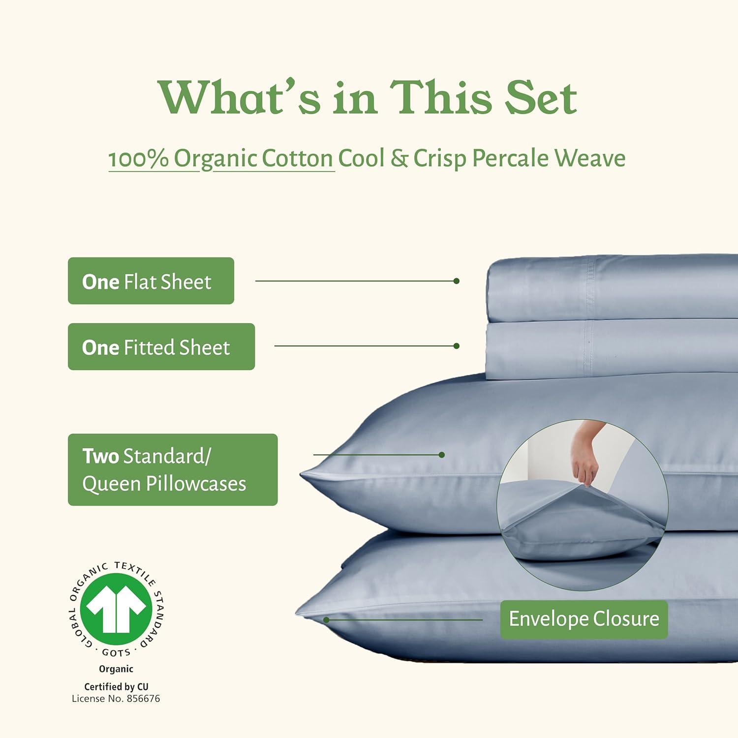 Queen Sheets Set, 100% Organic Cotton Percale, Blue Hydrangea Bed Sheets by California Design Den