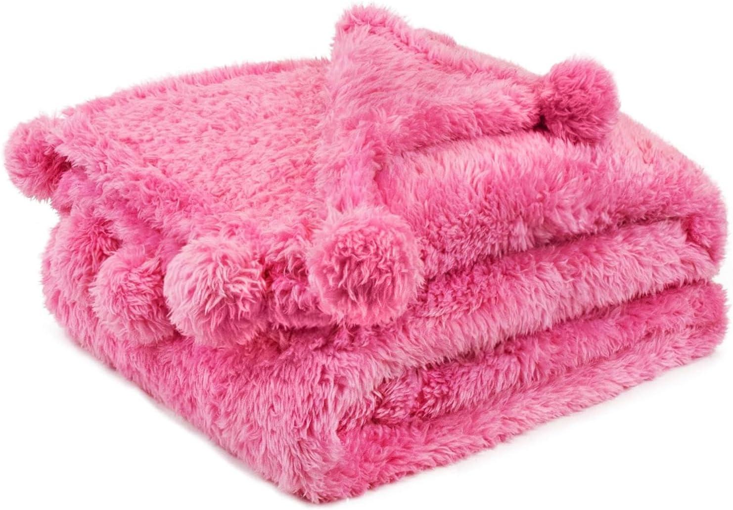 PAVILIA Fluffy Throw Blanket with Pompom, Lightweight Soft Plush Cozy Warm Pom Pom Fringe for Couch Sofa Bed