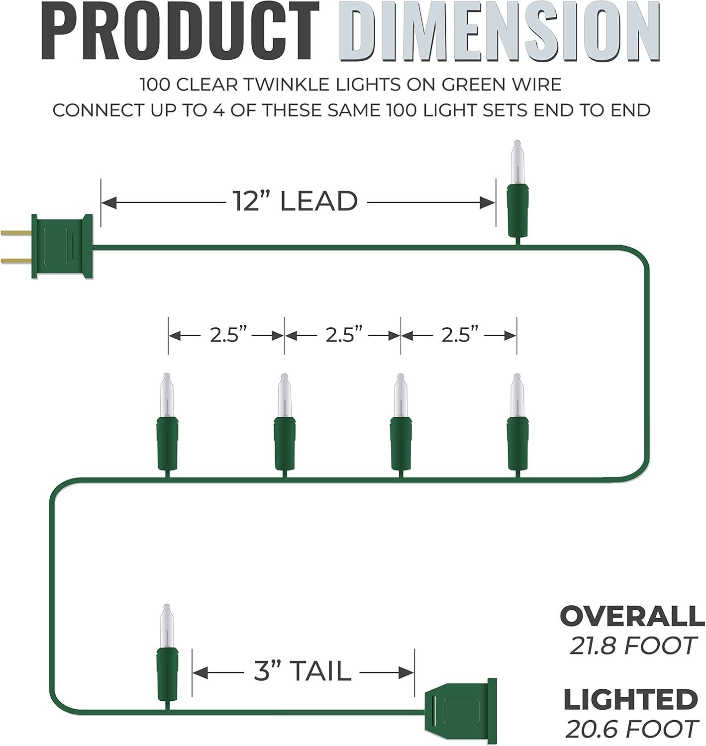 612 Vermont 100 Clear Christmas Twinkle Lights on Green Wire, Indoor and Outdoor Use, Lighted Length 20.6', Total Length 21.8'