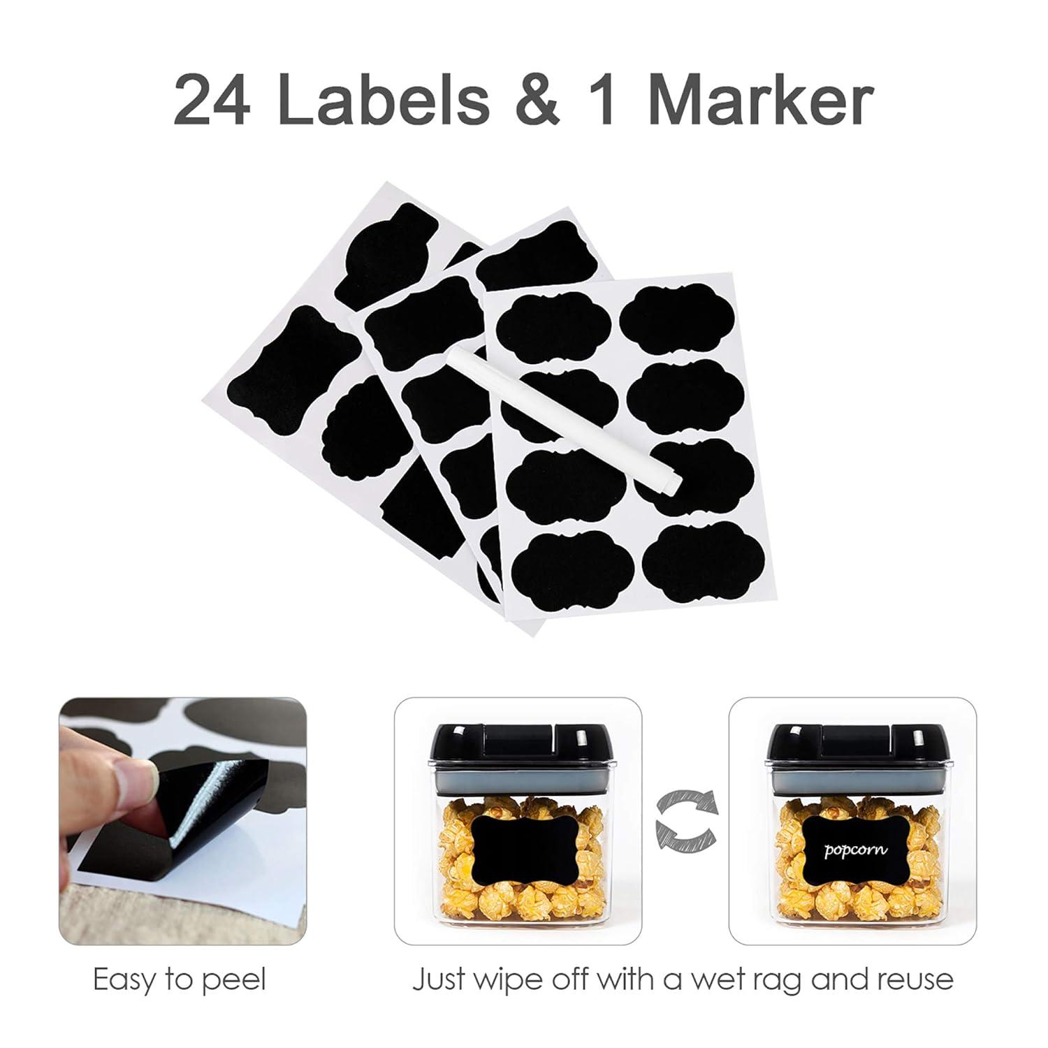 Juego de 7 Recipientes Herméticos para Almacenamiento de Despensa de Alimentos con Marcador de Borrado en Seco y Etiquetas, Negro