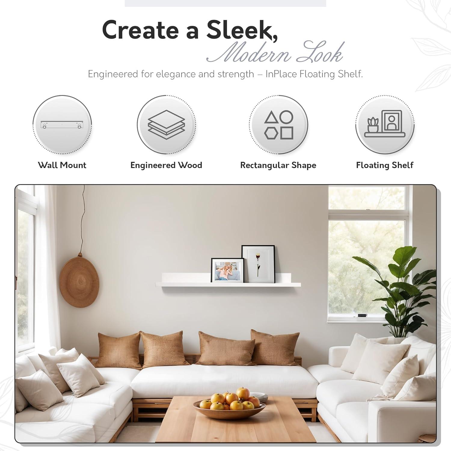 InPlace Shelving Kitchen 36W"x9D" Wood Deep Picture Ledge Floating Wall-Mounted Shelf, White