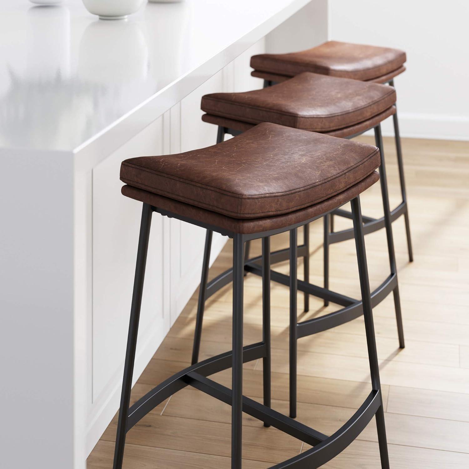 Vintage Brown-Matte Black Backless Saddle Leather Barstool