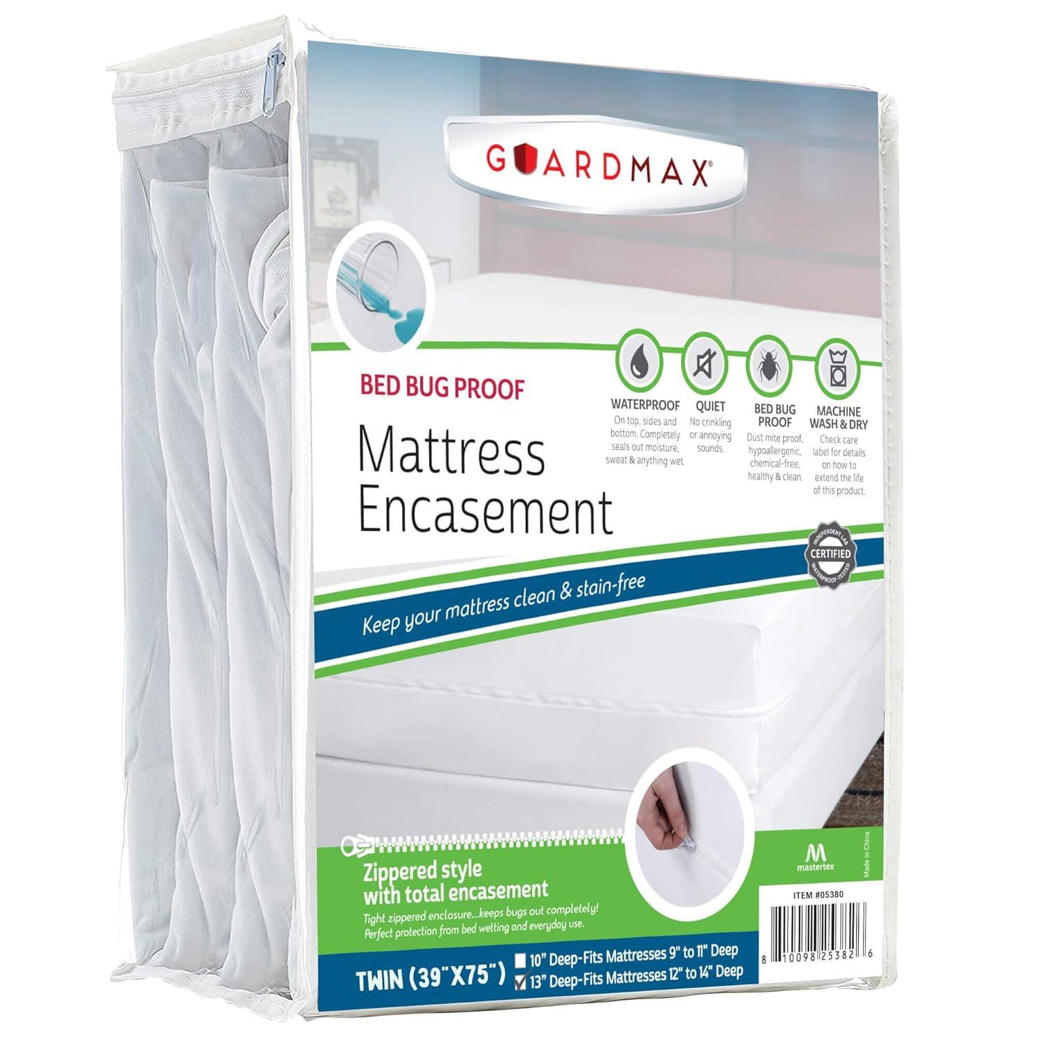 Guardmax Waterproof Twin Mattress Protector Encasement for Larger Mattressess with Zipper – White