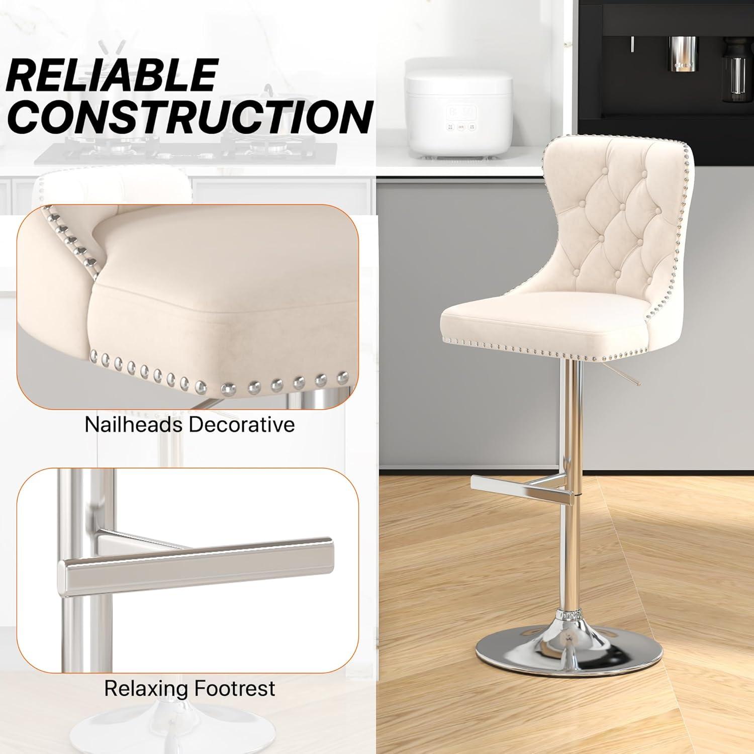 Swivel Bar Stools Set of 2, Height Adjustable Dining Chairs with Rivets, Button Tufted Back and Metal Footrest, Velvet Upholstered Side Chairs, Armless Chairs for Dining Room Bar Kitchen Island