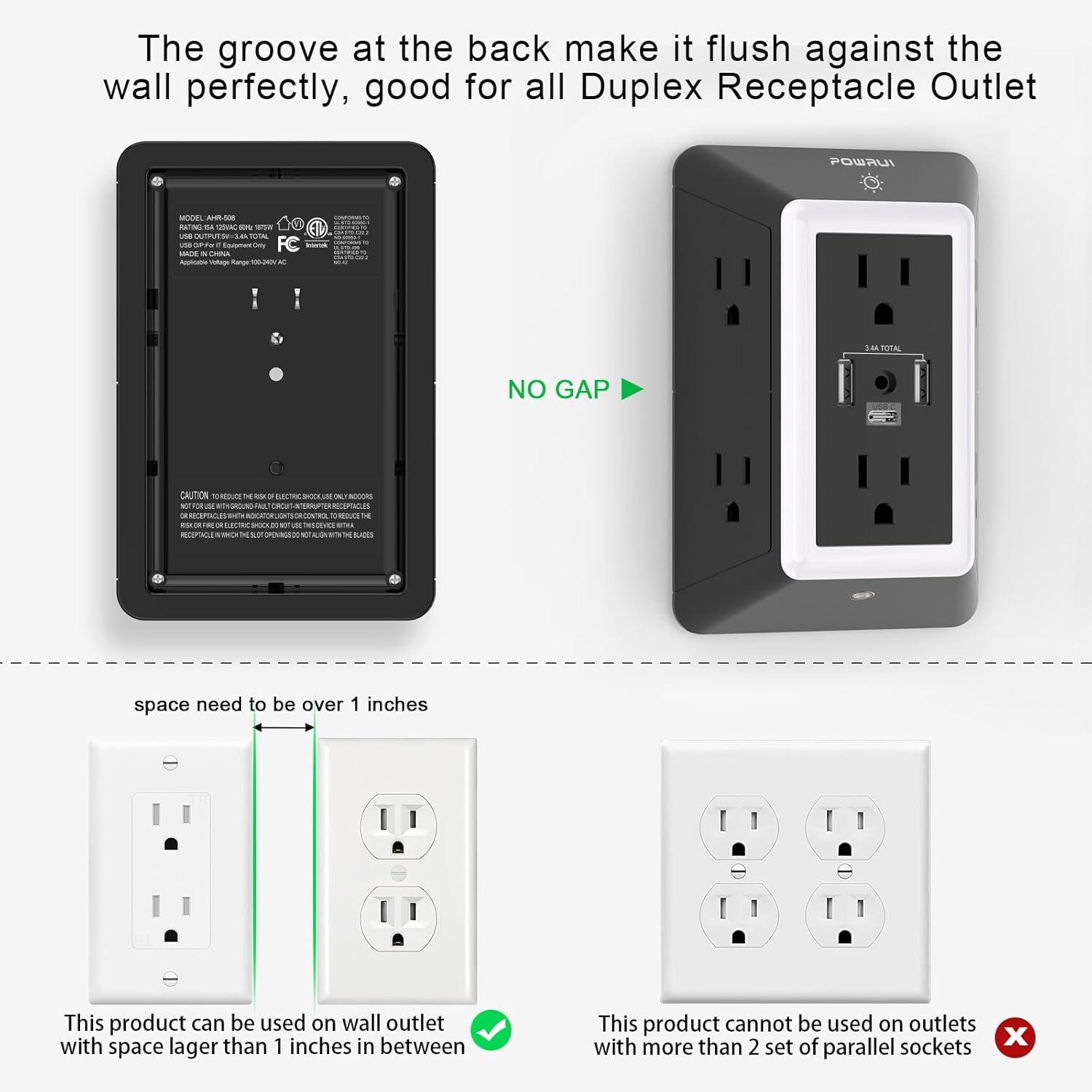 Outlet Extender Power Strip, POWRUI 6 AC Surge Protector Outlets with 3 USB Ports (1 USB C) and Night Light, 3-Sided Multi Plug Wall Outlet with Spaced Outlets - Black, ETL Listed