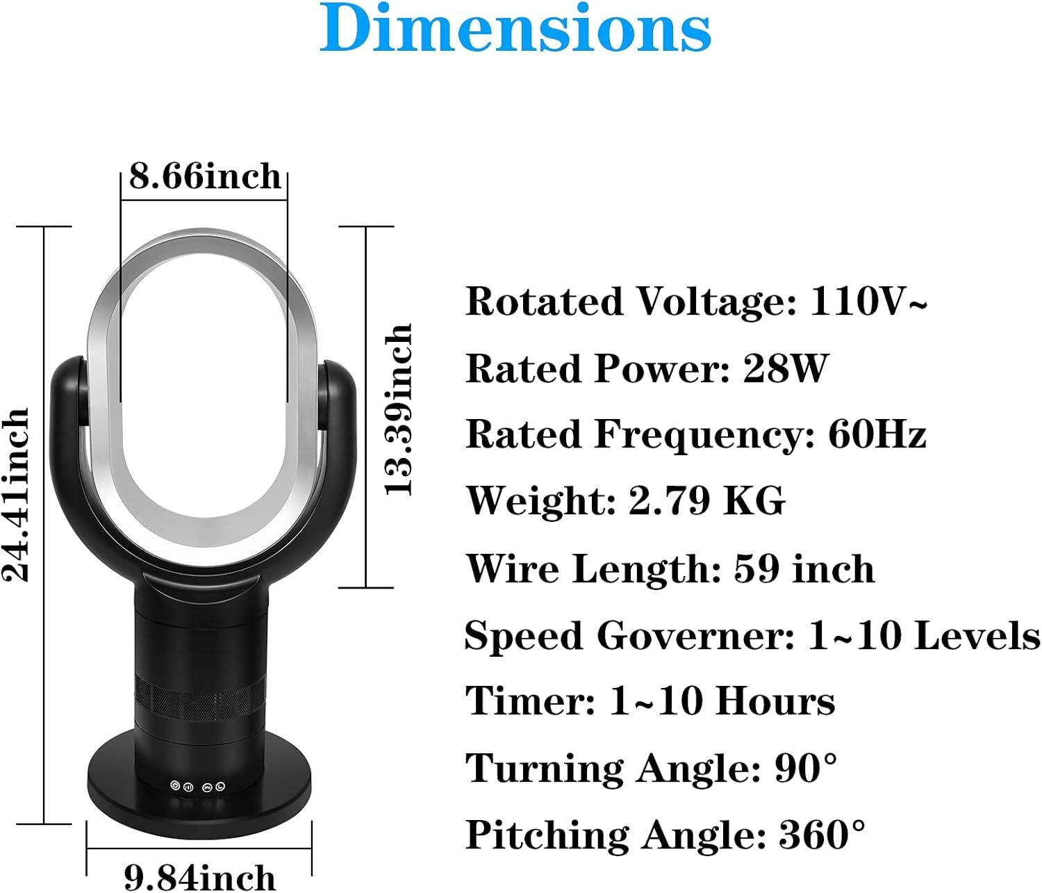 24-Inch Black Bladeless Oscillating Floor Fan with Remote