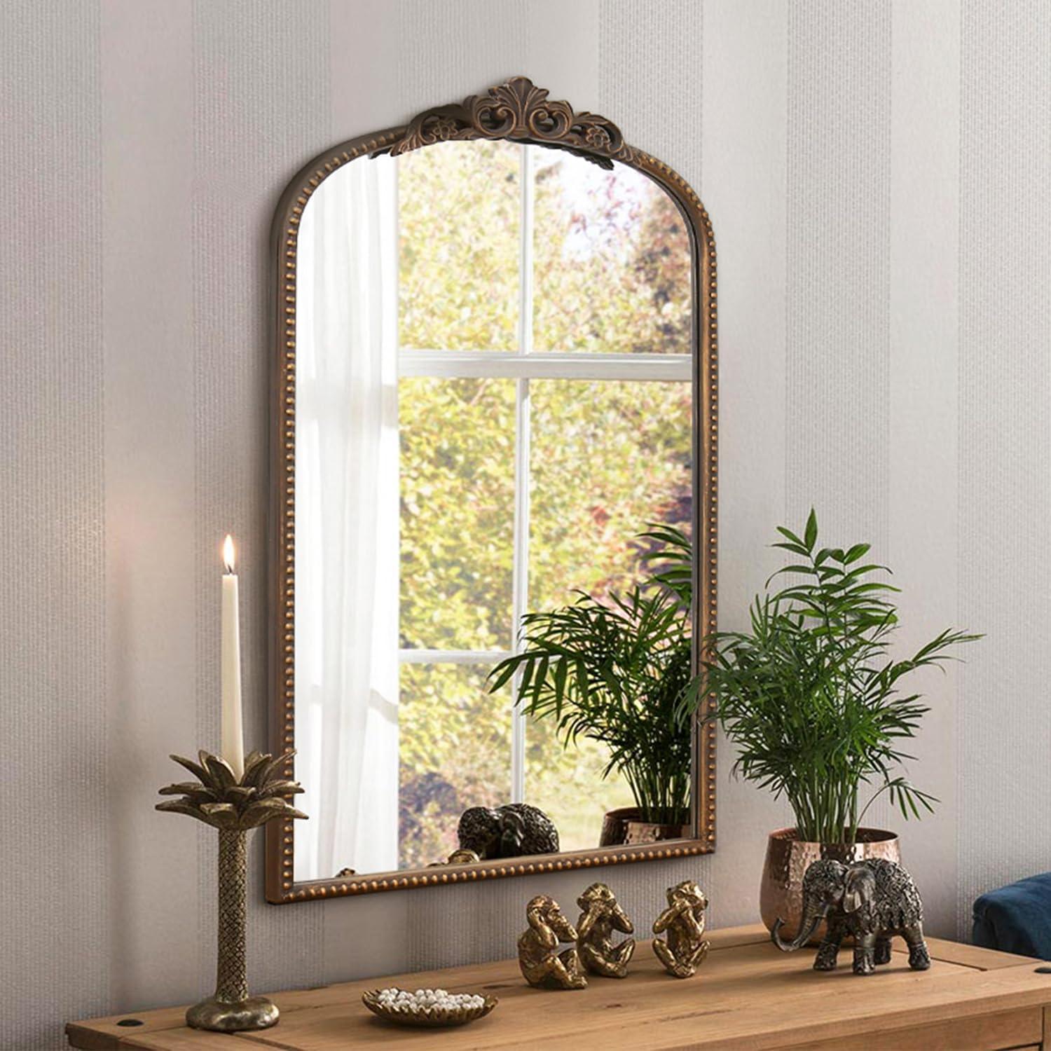 Antique Bronze Arched Mirror with Wood Adornment, 31" x 19"