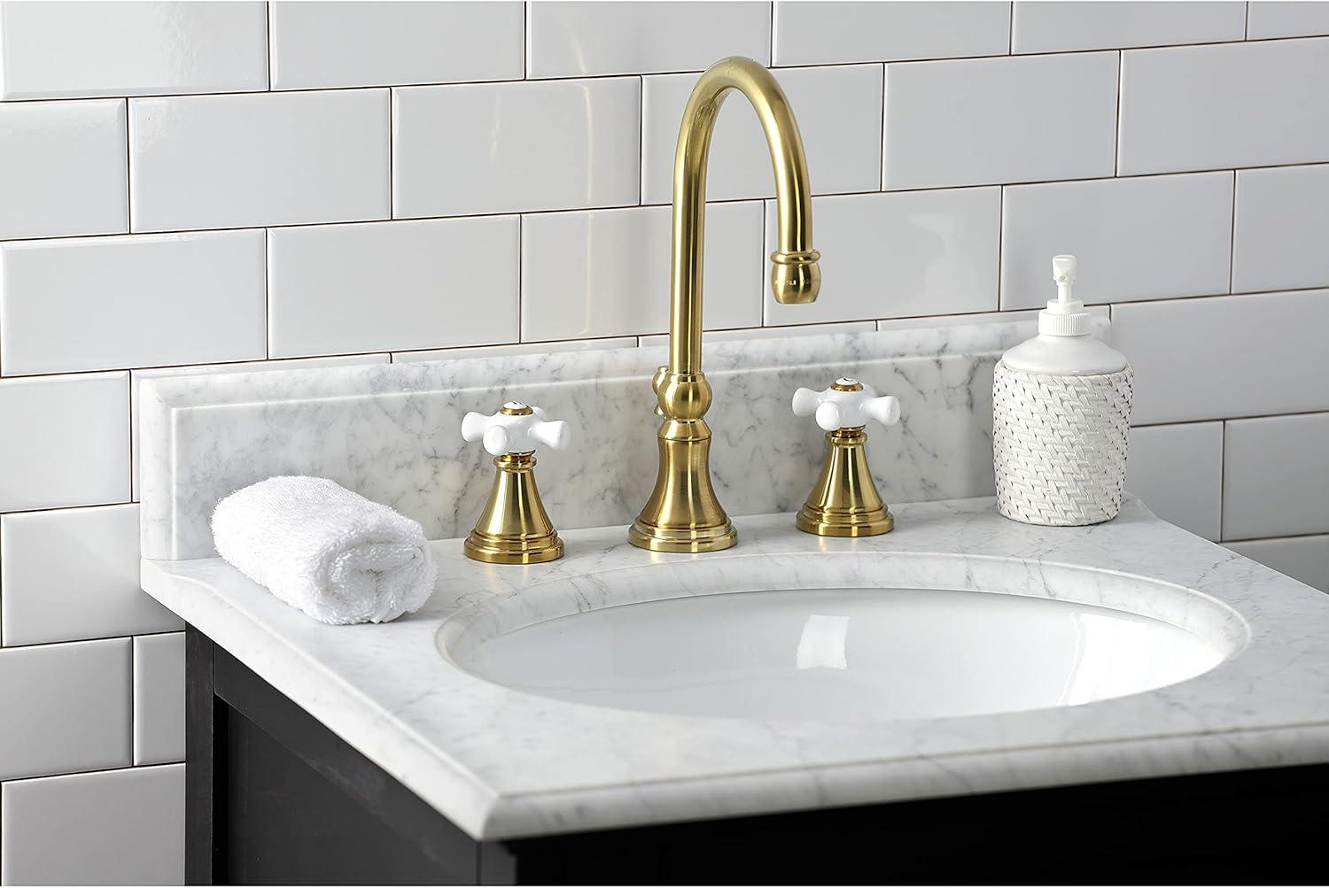 Kingston Brass Governor Two-Handle 3-Hole Deck Mount Widespread Bathroom Faucet with Brass Pop-Up Drain