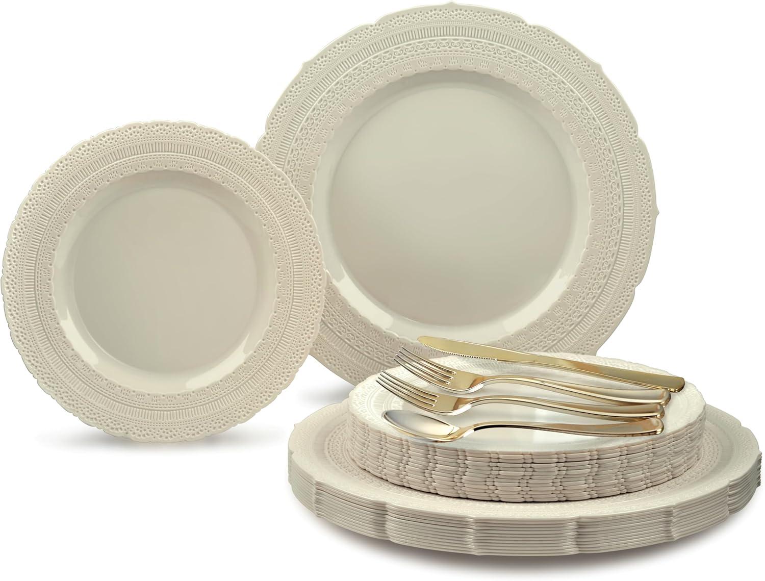 OCCASIONS 720 Pcs set(120 guest) - Extra Heavyweight Vintage Wedding Party Disposable Plastic Plates + Silverware (Double Fork) (Chateau in Ivory, Gold Silverware)